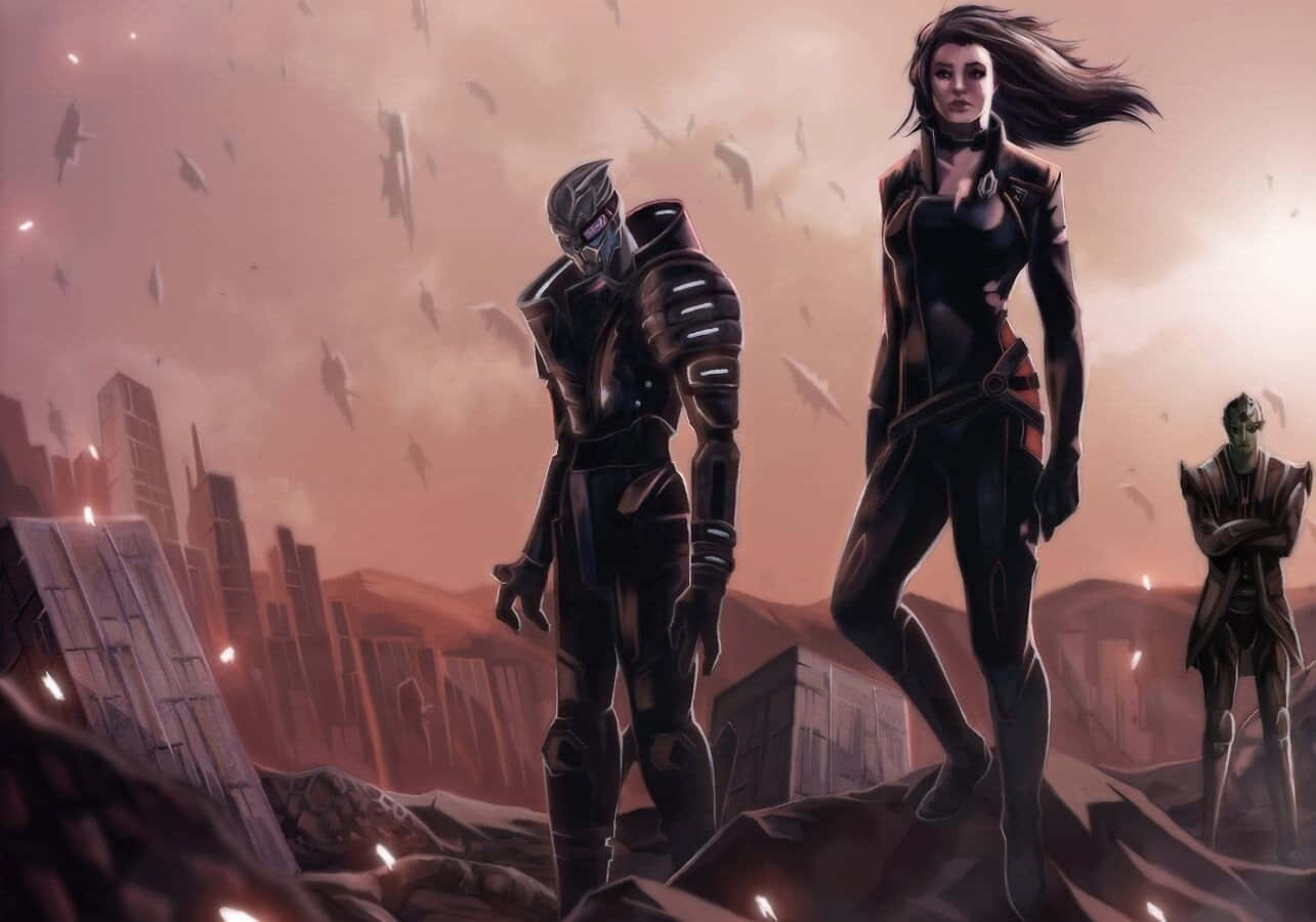 Mass Effect Characters 桌布 壁紙 — 三個身穿裝甲的身影站在一座被摧毀的城市廢墟中，天空呈現朦朧的橙色，漂浮著碎片。