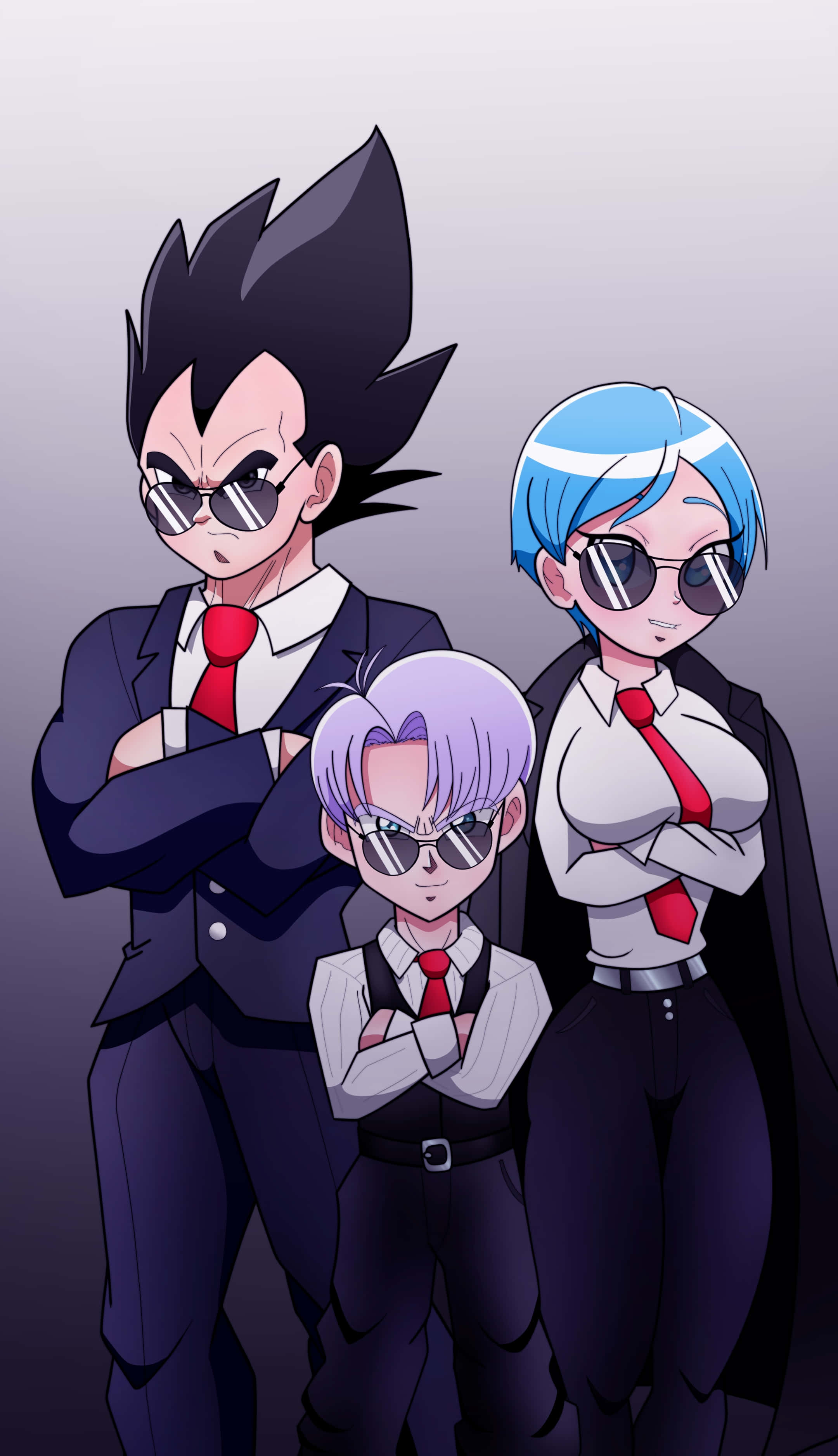 Vegeta's Family 桌布 壁紙 — 三個身穿西裝和太陽眼鏡的動漫角色自信地站在灰色漸變背景前。