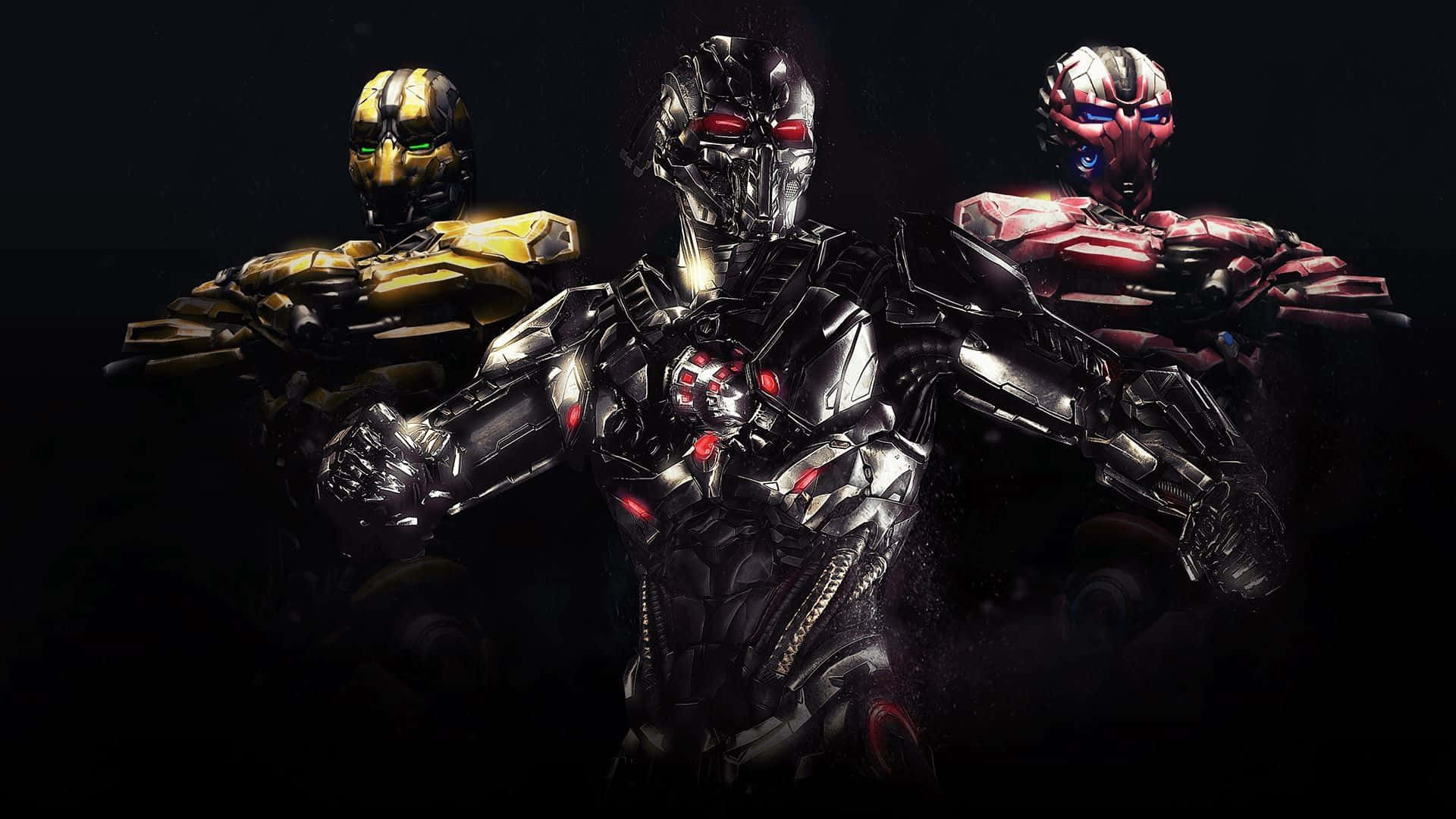 Mortal Kombat Cyrax 桌布 壁紙 — 三個身穿金色、銀色和紅色盔甲的威脅性機械戰士，以黑暗電影般的姿勢站立，眼睛發光。