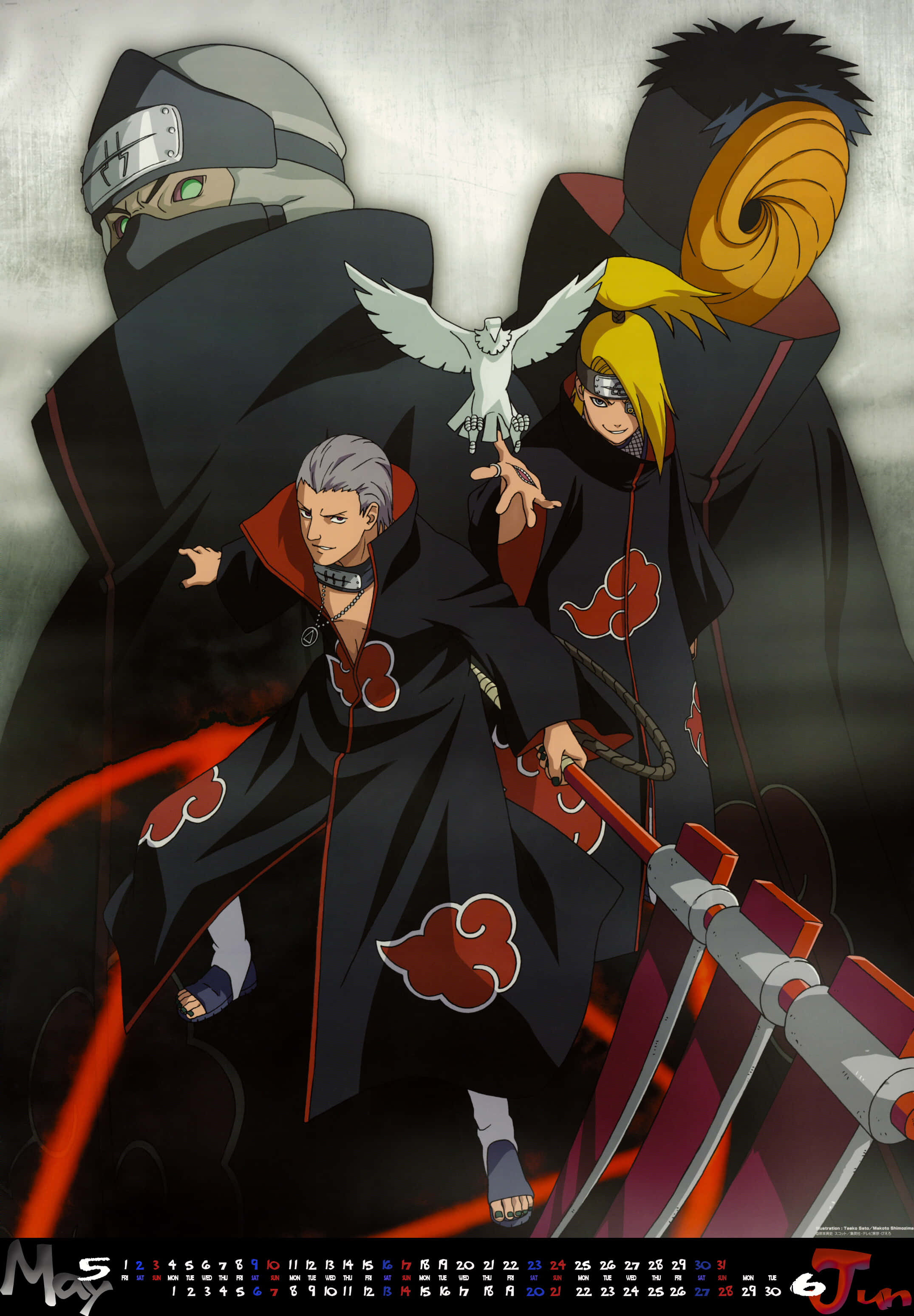Akatsuki Kakuzu 桌布 壁紙 — 三個身穿黑色斗篷帶有紅色雲紋的動漫忍者戲劇性地站立，一隻白鳥棲息在其中一隻手上。