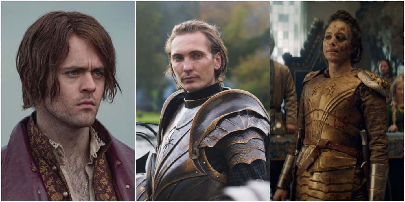 The Witcher Characters 桌布 壁紙 — 三個身著時代服裝和盔甲的強烈角色，帶著嚴肅的表情直視前方。