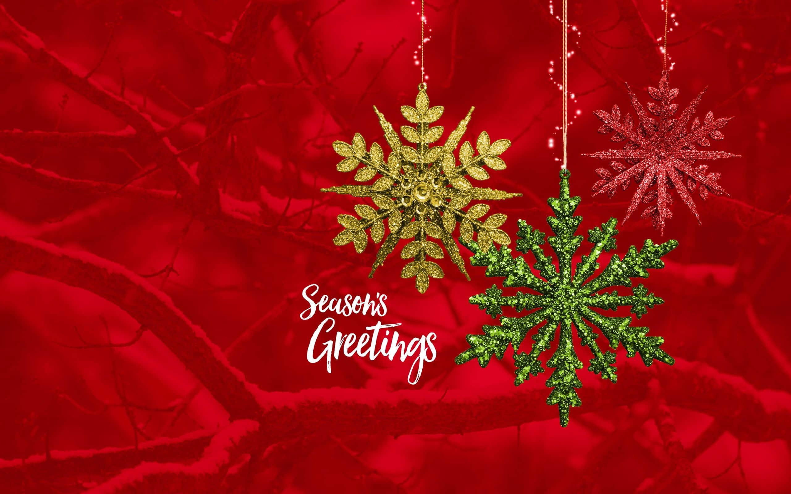 Greetings 桌布 壁紙 — 三個閃閃發光的雪花裝飾品懸掛在鮮紅色背景上，襯有雪白的樹枝和節日文字。