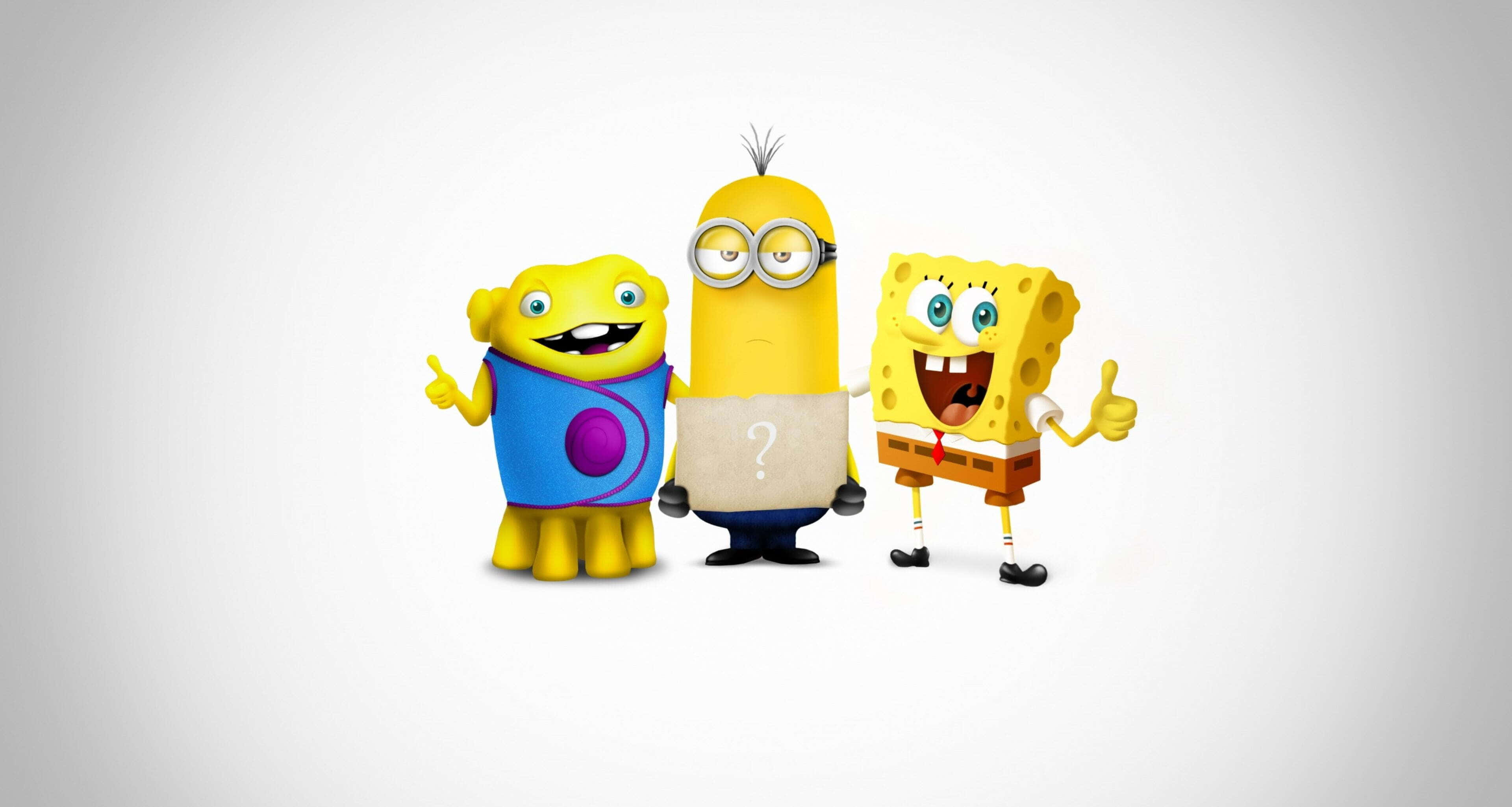 Cute Cartoon Characters 桌布 壁紙 — 三個開心嘅卡通角色：一個黃色迷你兵、一個藍色西裝外星人同海綿寶寶，喺純白色背景前開心擺甫士。