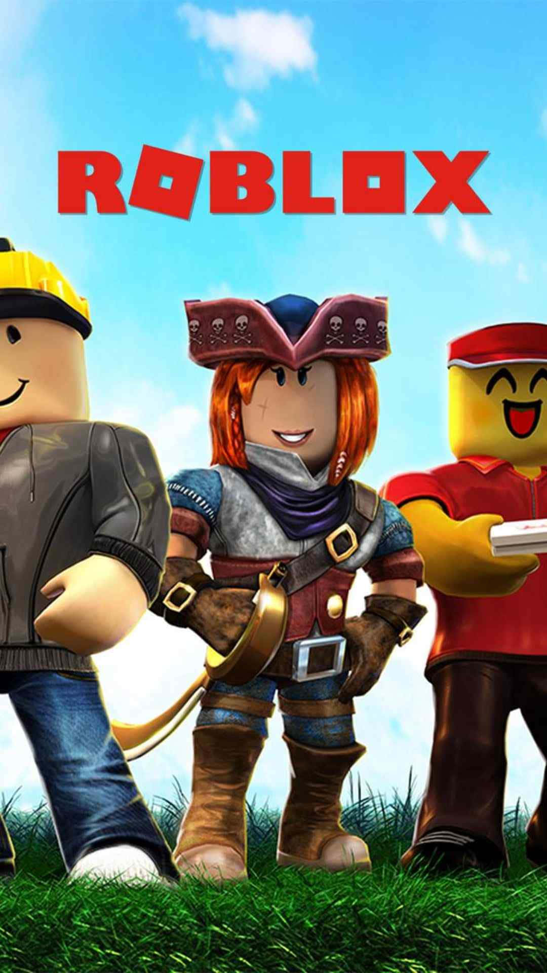 型格Roblox 桌布 壁紙 — 三個開心的Roblox頭像企喺草地上，上面係明亮嘅藍天同Roblox標誌。