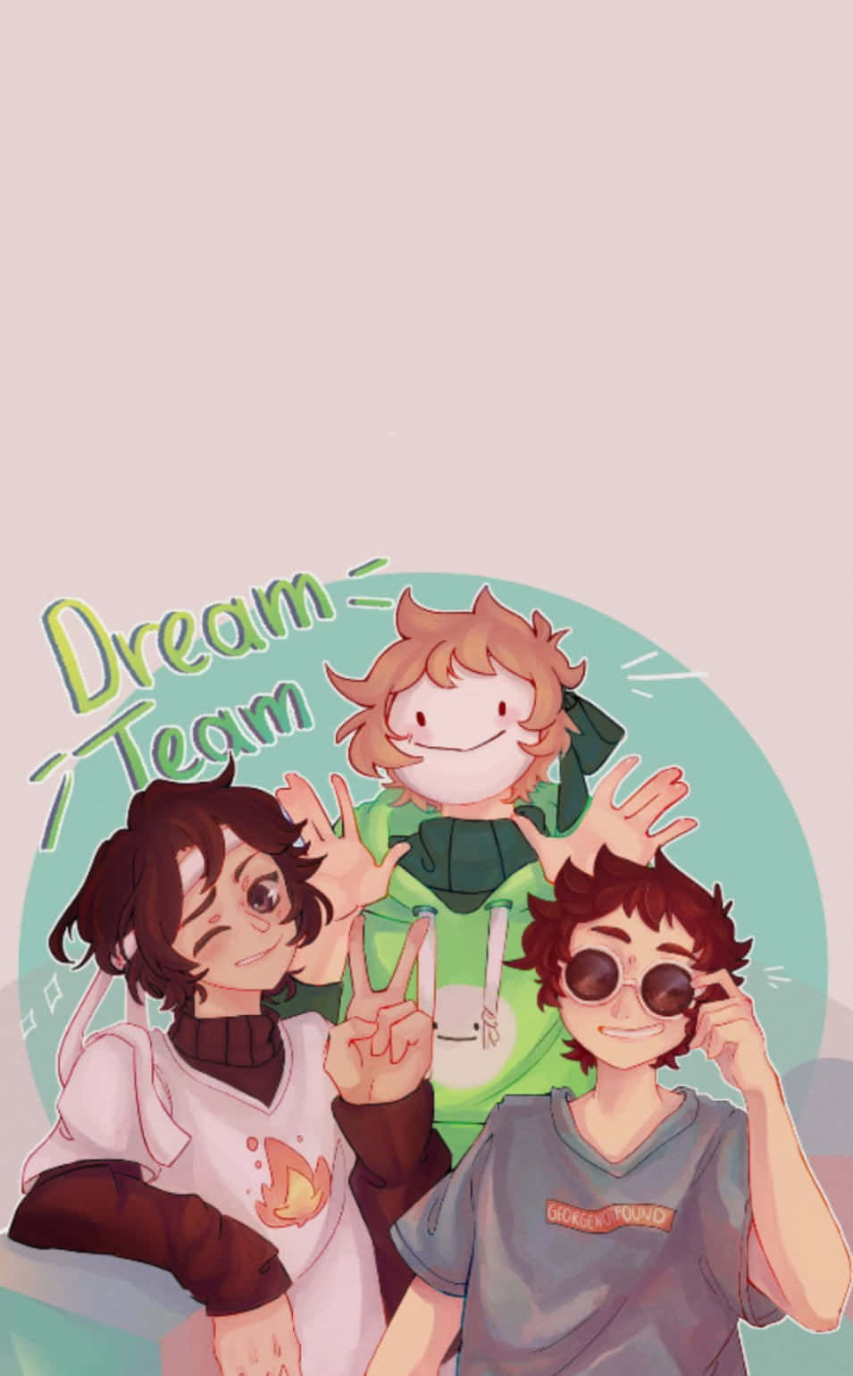 Minecraft Youtubers 桌布 壁紙 — 三個開心的動漫角色在柔和粉彩背景前擺出和平手勢，並帶有「Dream Team」文字。