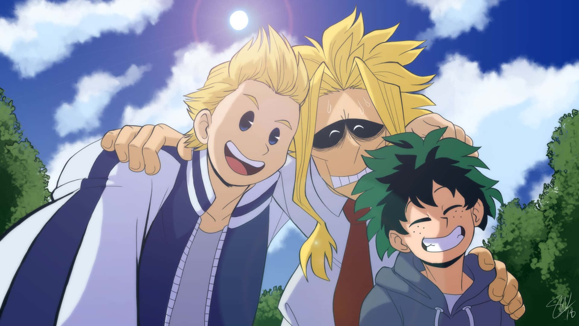 Mirio Togata 桌布 壁紙 — 三個開心的動畫男孩，頭髮尖尖，在藍天白雲下一起大笑。