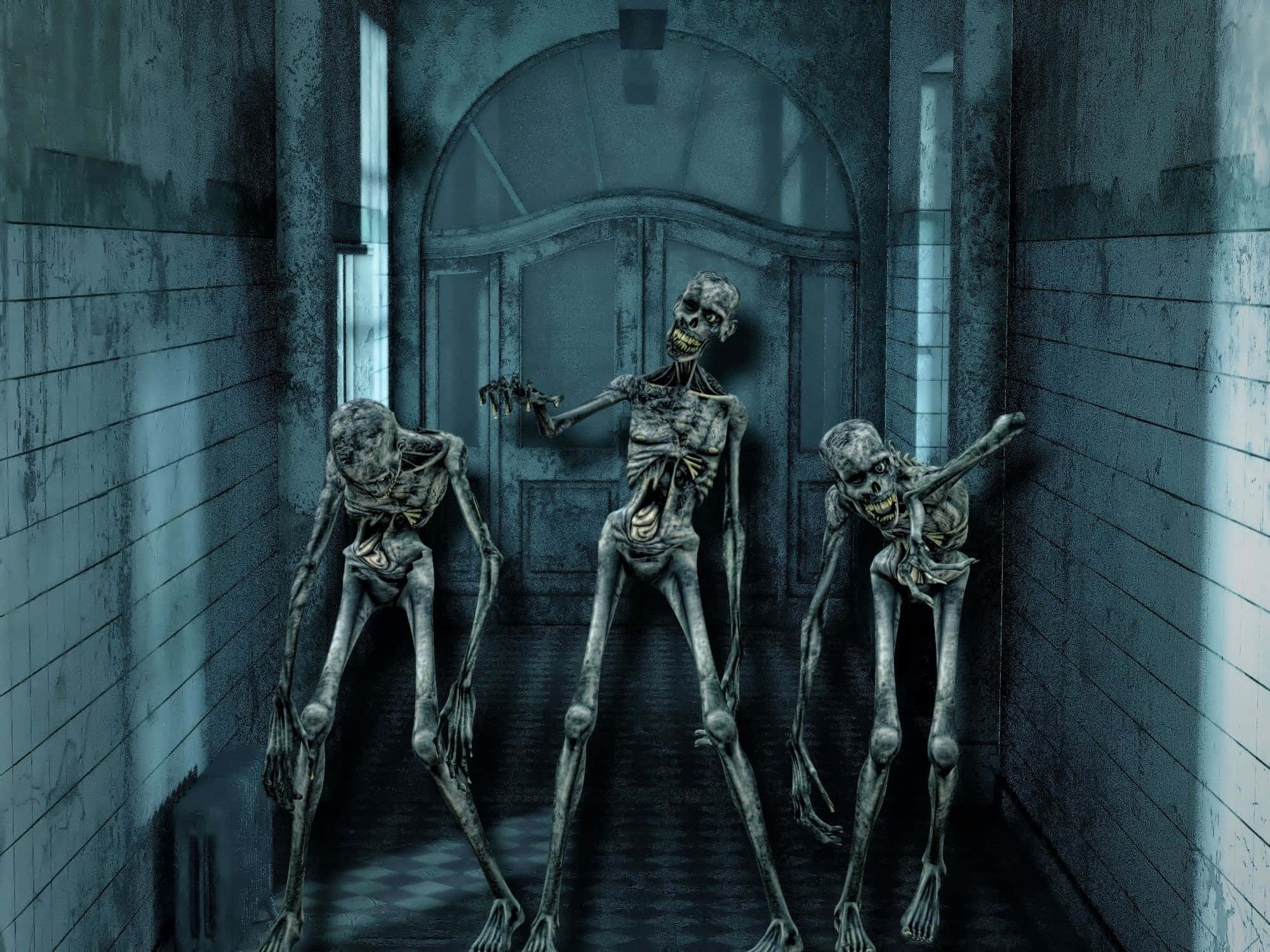 Halloween Skeleton 桌布 壁紙 — 三個陰森骷髏站在一個破舊的走廊中，牆壁鋪滿瓷磚，還有一道宏偉的拱門。