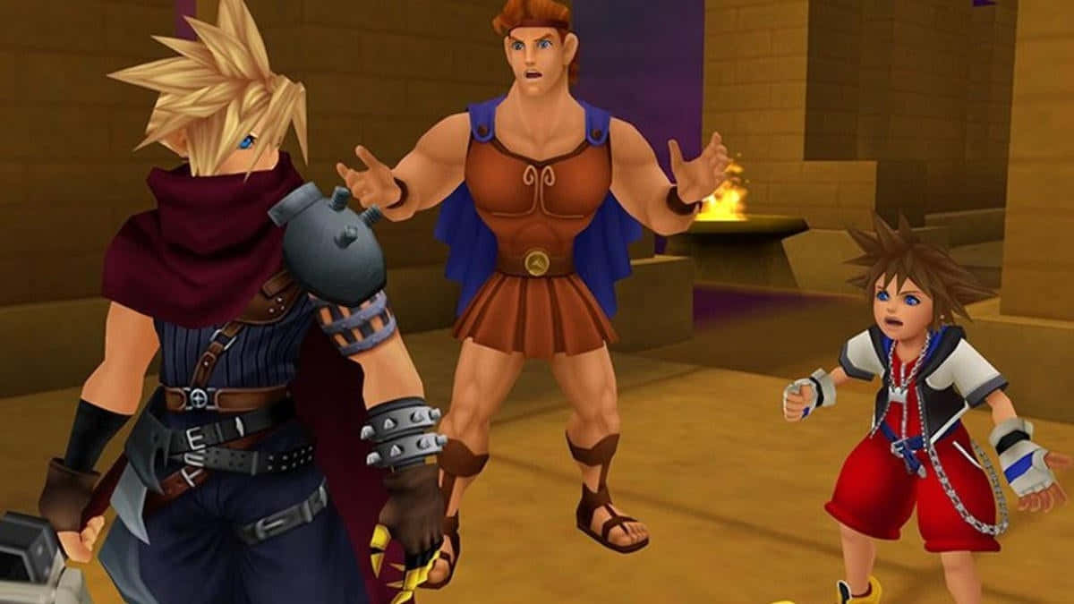 Kingdom Hearts Characters 桌布 壁紙 — 三個電子遊戲角色企喺石室入面，有個火坑，一個著住角鬥士盔甲嘅角色做緊手勢，另外兩個喺度睇。