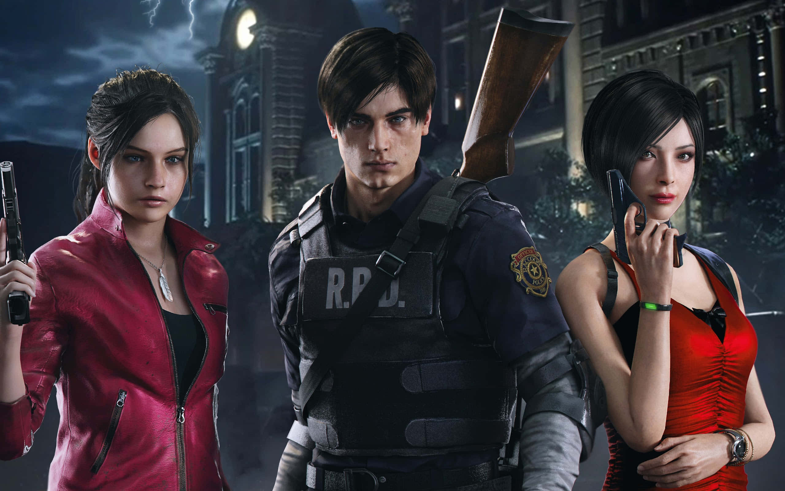 Resident Evil Characters 桌布 壁紙 — 三個電子遊戲角色在暴風雨的夜晚城市景觀中手持武器，配合戲劇性的燈光。