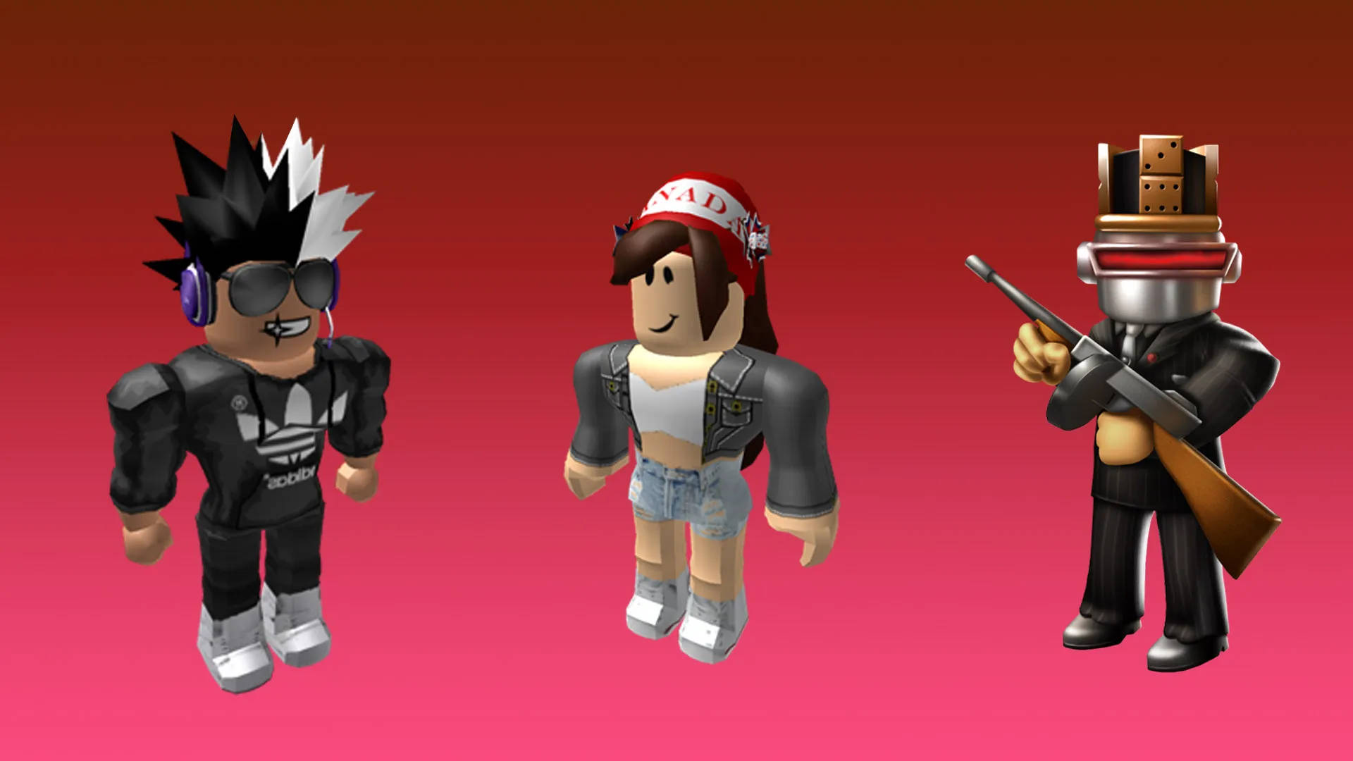 Cool Roblox 桌布 壁紙 — 三個風格化的 Roblox 頭像站在漸變紅色背景前，每個都有獨特的服裝和配飾。