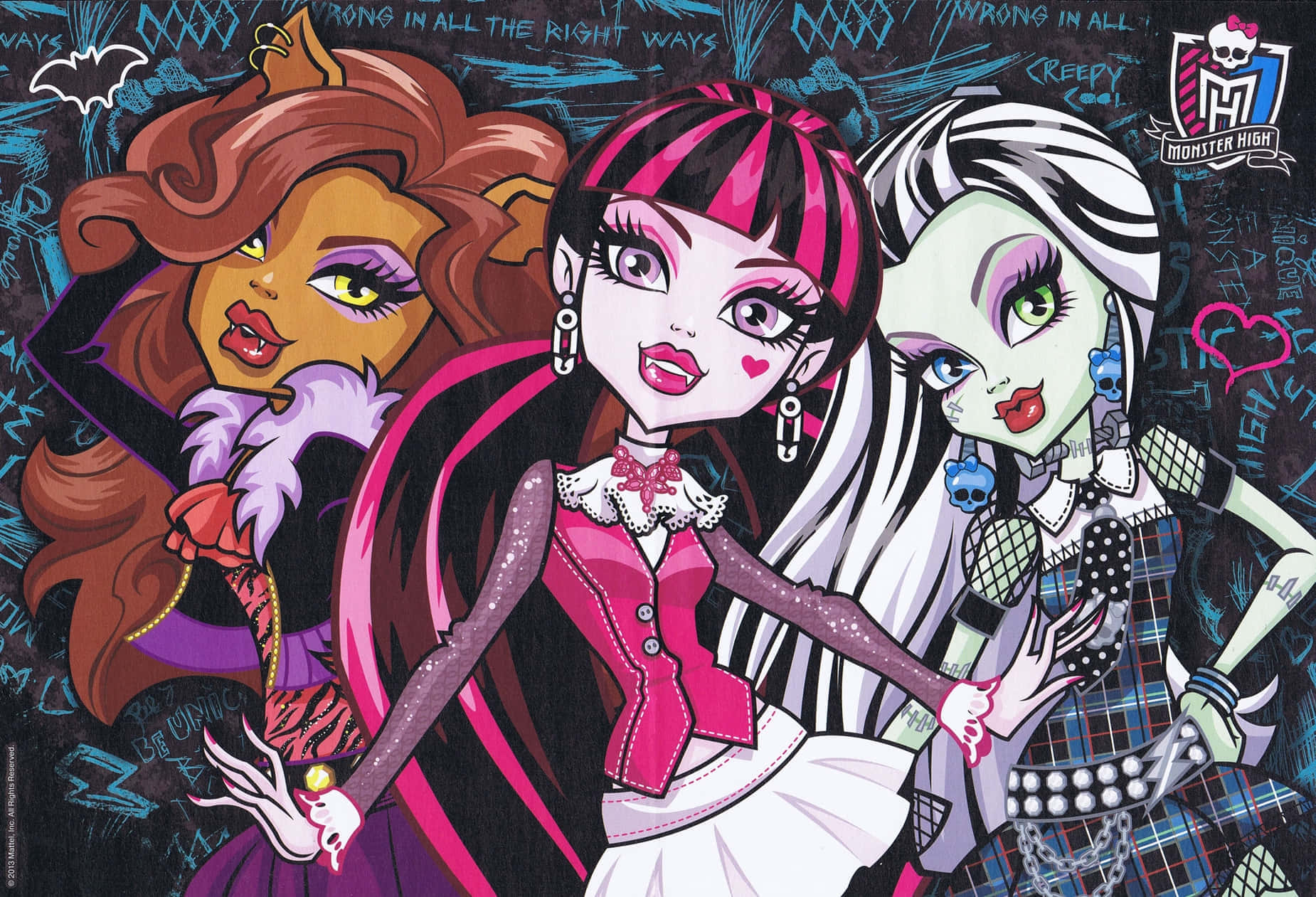 Monster High 桌布 壁紙 — 三個風格化的Monster High角色自信地擺姿勢，背景是佈滿塗鴉的牆壁，上面有蝙蝠和恐怖文字。
