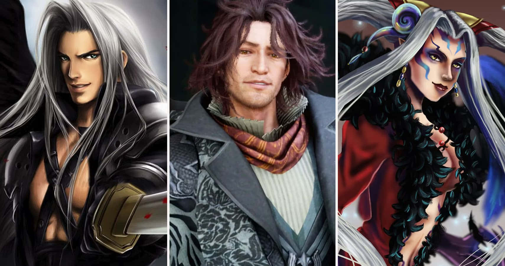 Final Fantasy Characters 桌布 壁紙 — 三個風格化的動漫角色，擁有戲劇性的頭髮和精細的服裝，在深色背景前擺姿勢。
