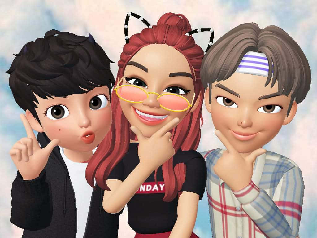 Zepeto 桌布 壁紙 — 三個風格化的動漫角色在柔軟的多雲天空背景下愉快地擺姿勢。