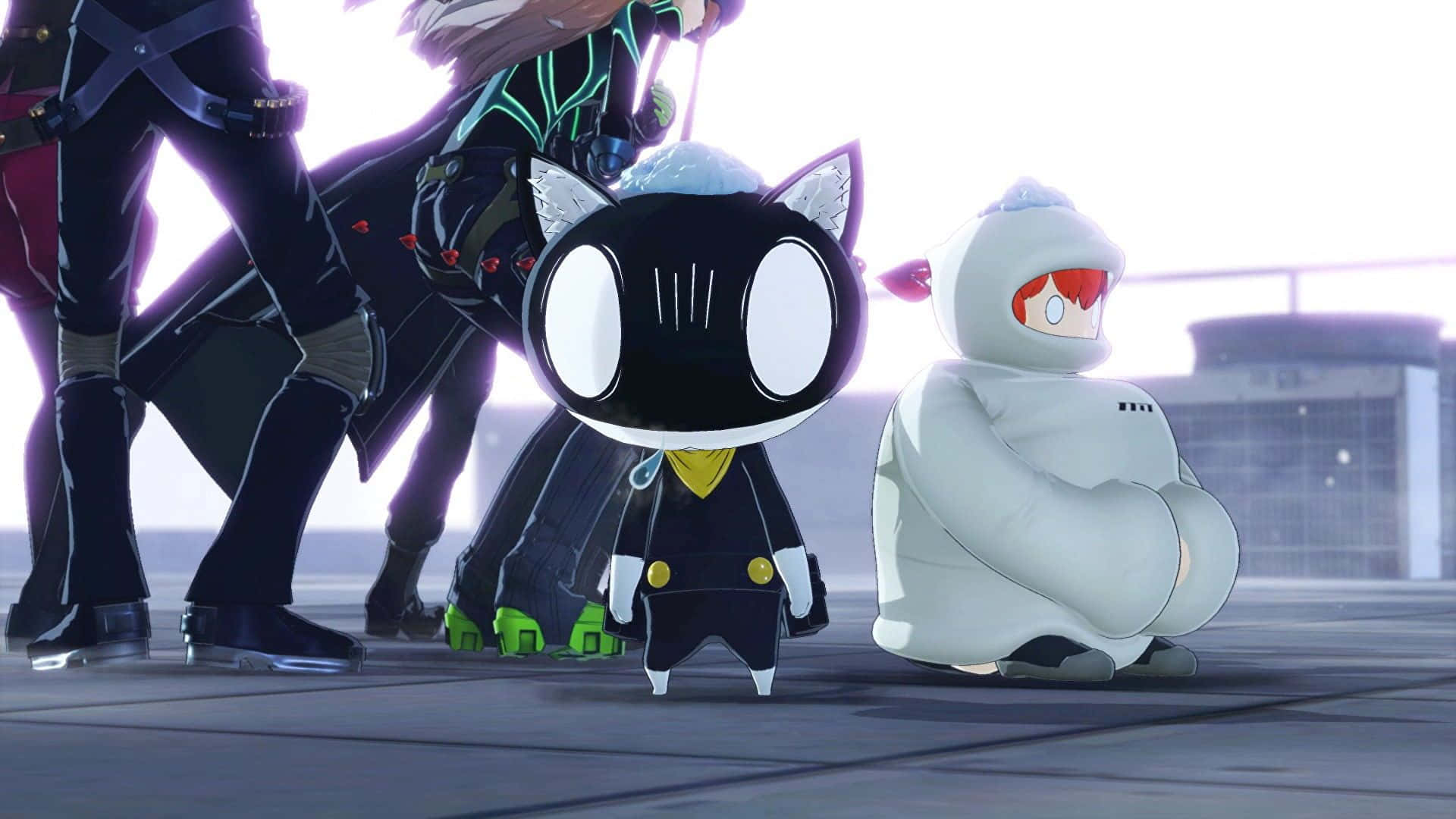 Persona 5 Strikers 桌布 壁紙 — 三個風格化的動漫角色站在屋頂上，明亮的背光投射出柔和的陰影。