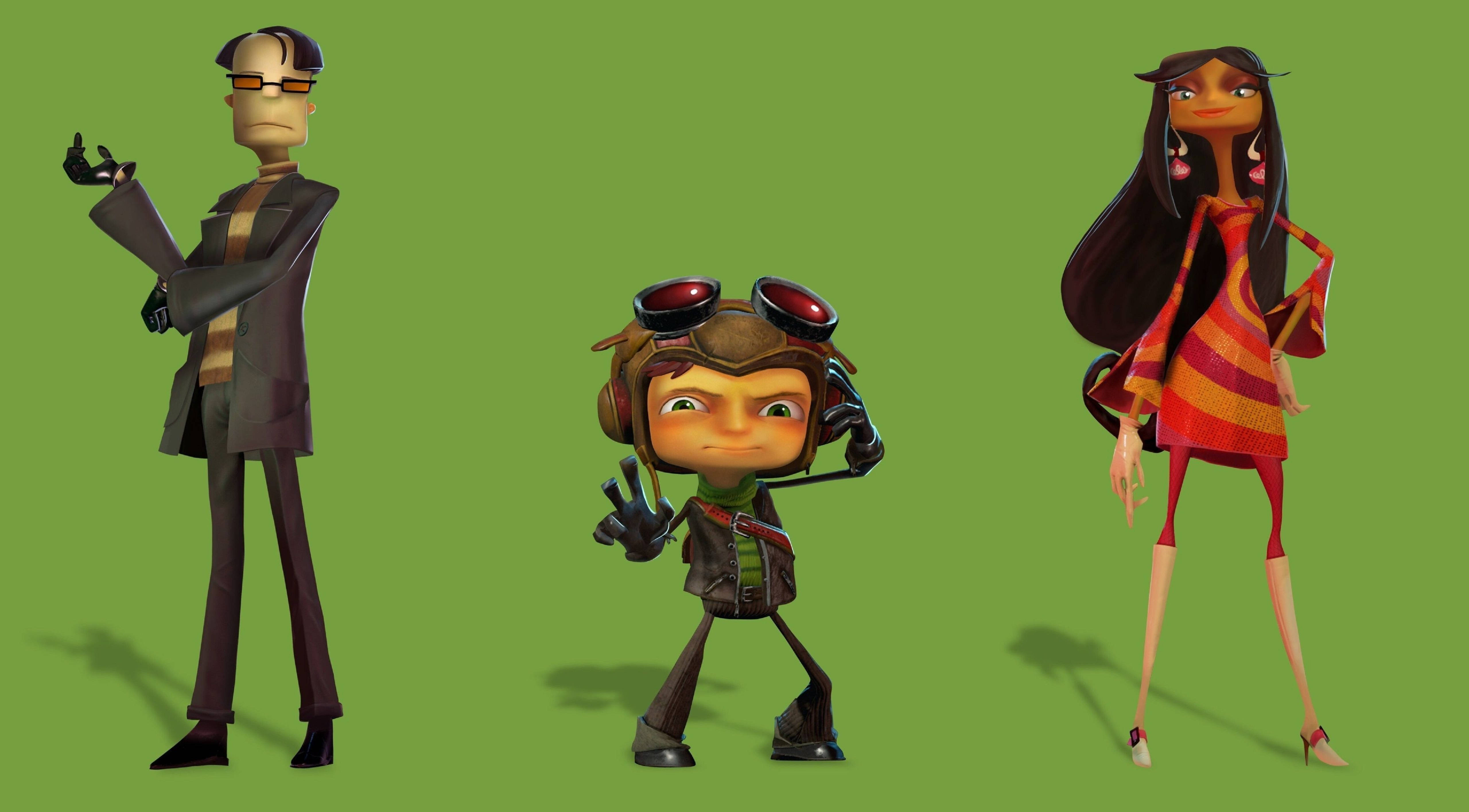 Psychonauts 2 Sasha Raz Milla 壁紙 — 三個風格化的動畫角色在純綠色背景上自信地擺姿勢，帶有柔和陰影。