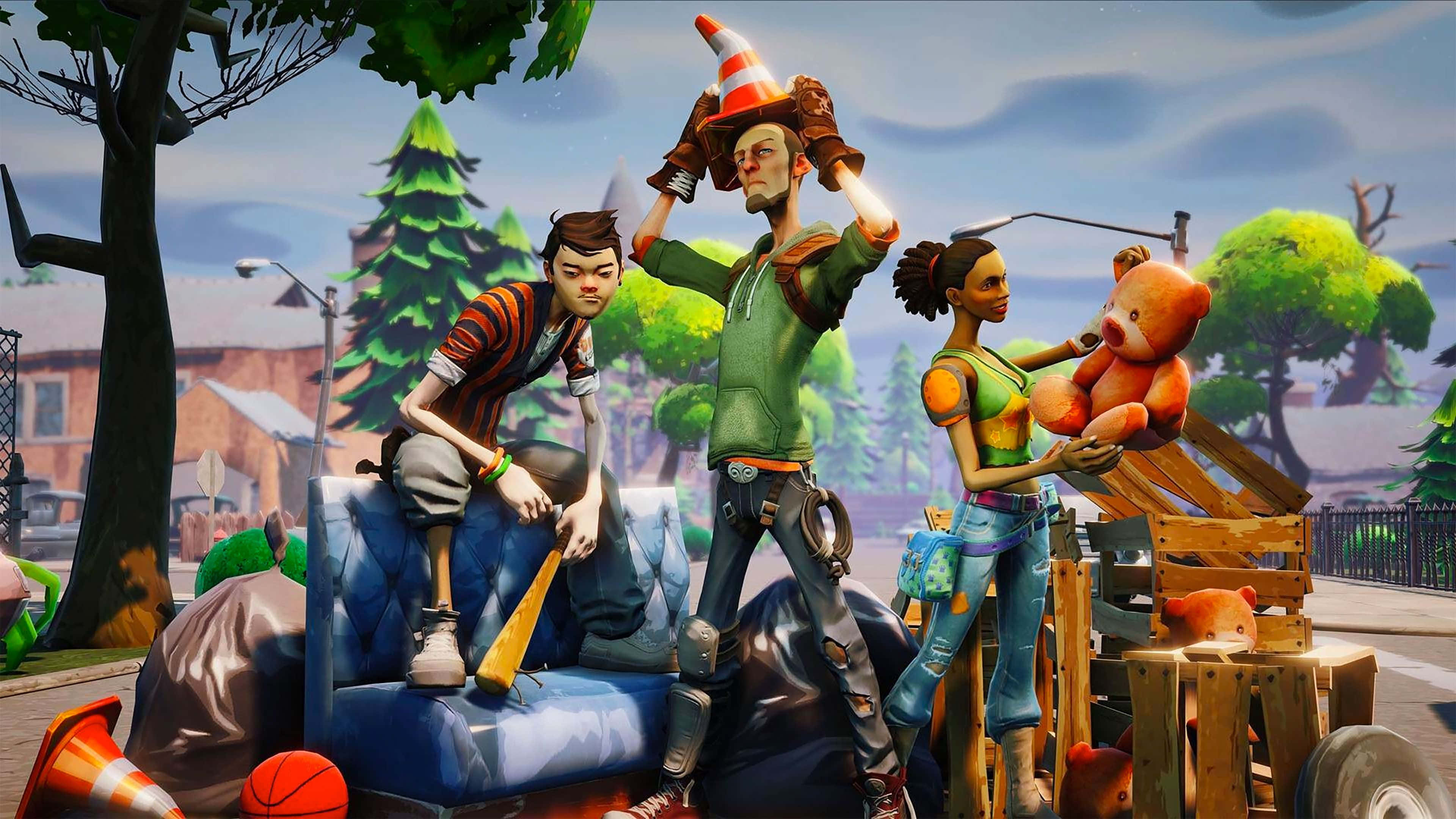 Fye No Skin Fortnite 桌布 壁紙 — 三個風格化的卡通角色在色彩繽紛的郊區垃圾場場景中，拿著交通錐和泰迪熊擺姿勢。