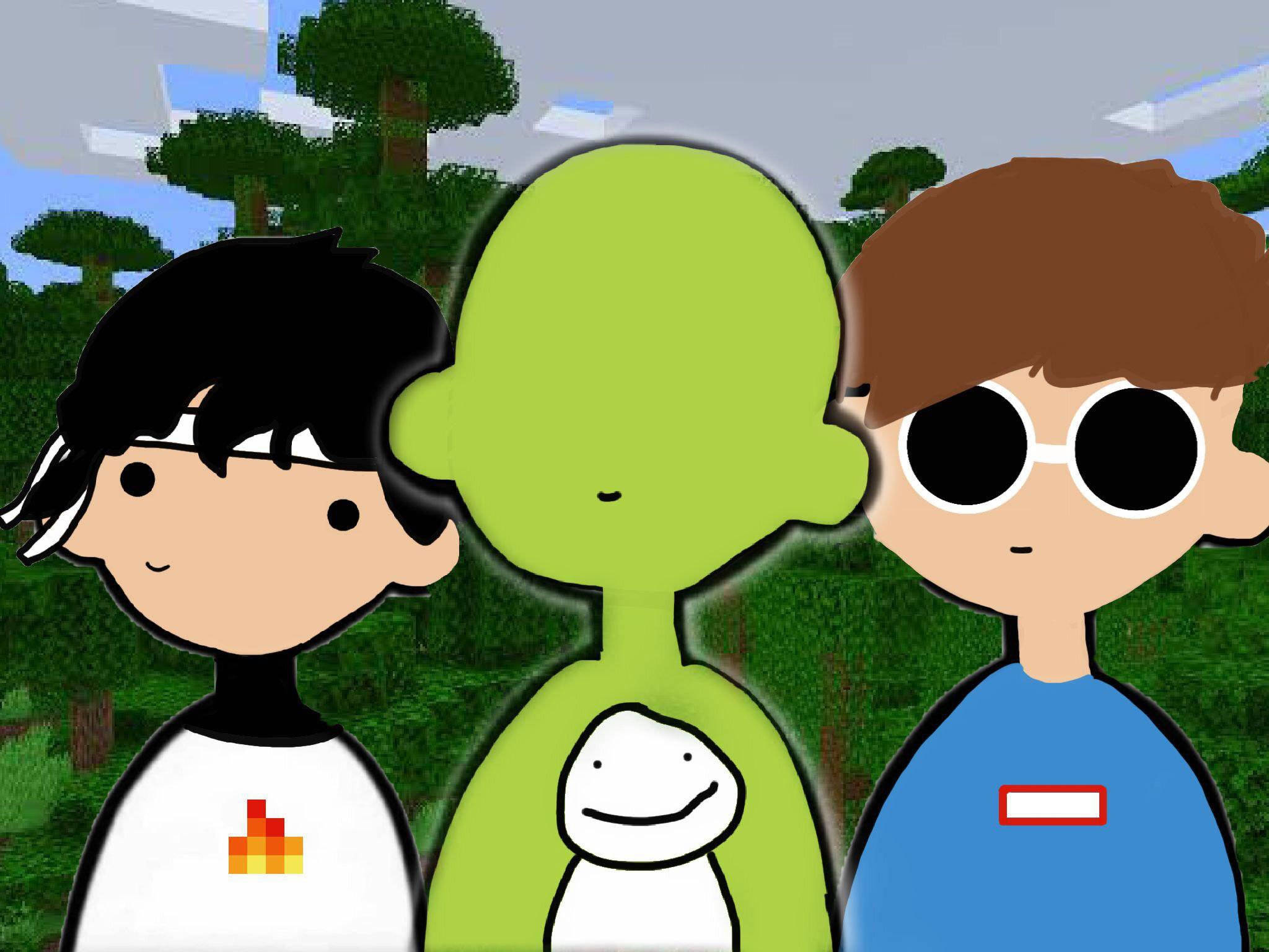 Minecraft Dream SMP 壁紙 — 三個風格化的卡通角色站在一個像素化的森林中，有方塊狀的樹木和多雲的天空。