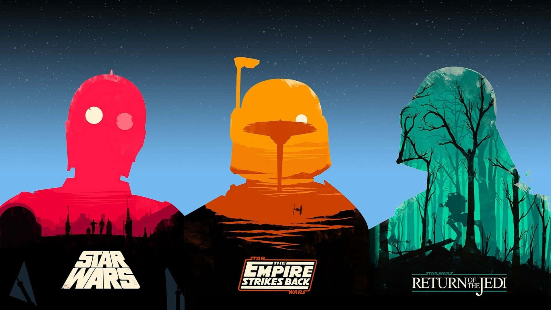 Return Of The Jedi 桌布 壁紙 — 三個風格化的星球大戰角色以大膽的紅橙色和青綠色剪影呈現，背景是繁星點點的夜空，下方有電影標題。