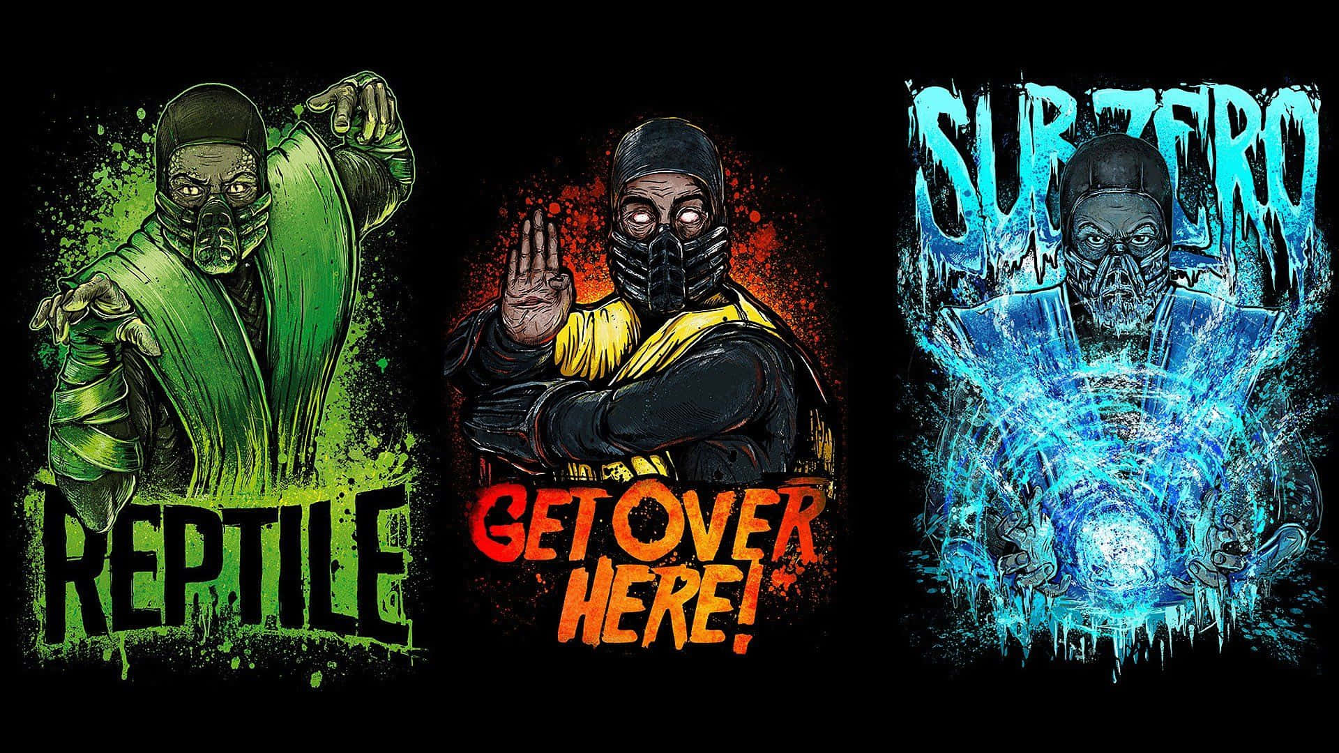 Mortal Kombat Reptile 桌布 壁紙 — 三個風格化的真人快打角色 Reptile、Sub-Zero 和 Scorpion 在深色背景前以鮮豔色彩潑濺和粗體文字做出侵略性姿勢。