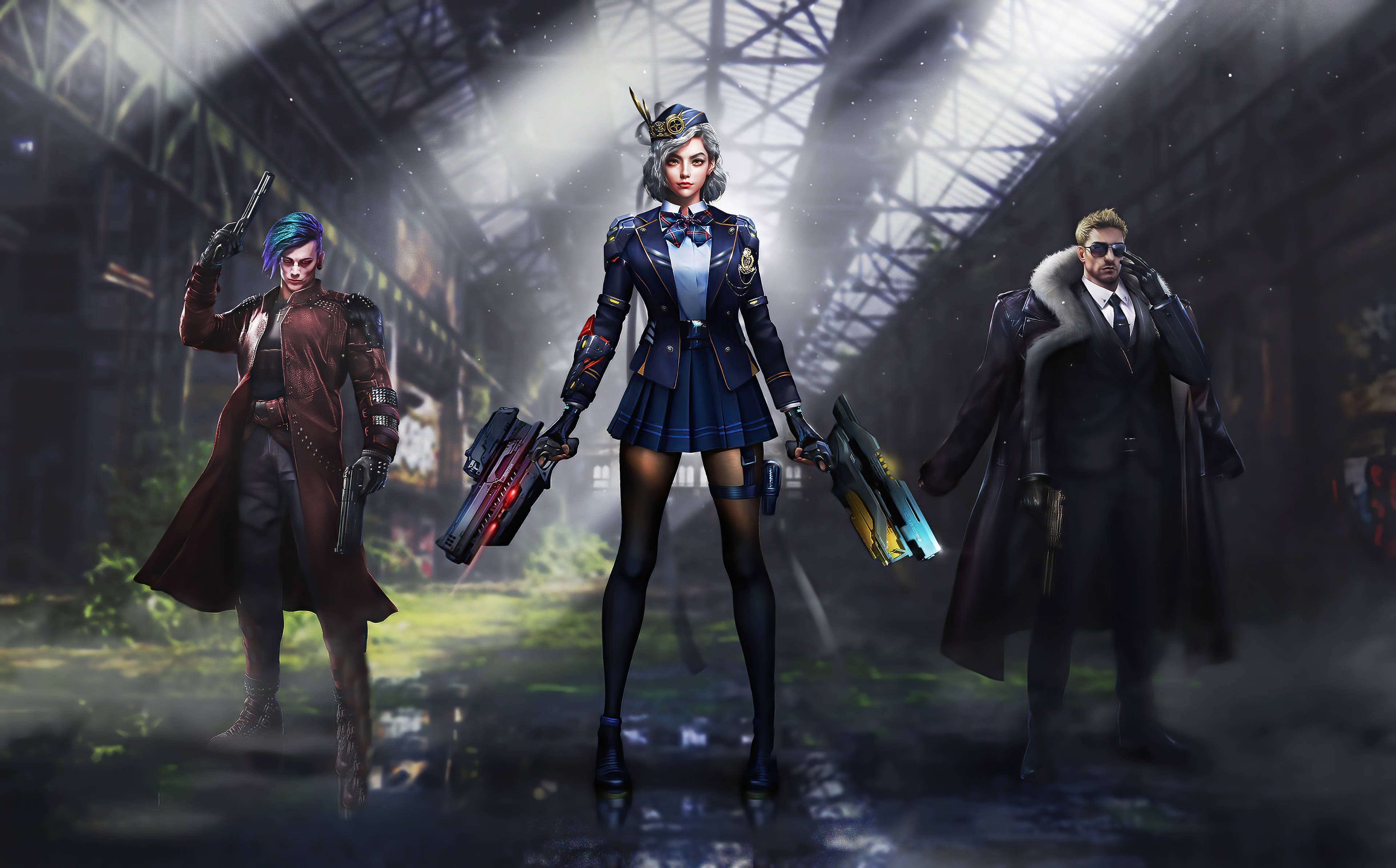 PUBG 桌布 壁紙 — 三個風格化的角色穿著戰術裝備，站在一個陽光普照的廢棄倉庫中，有戲劇性的光束。