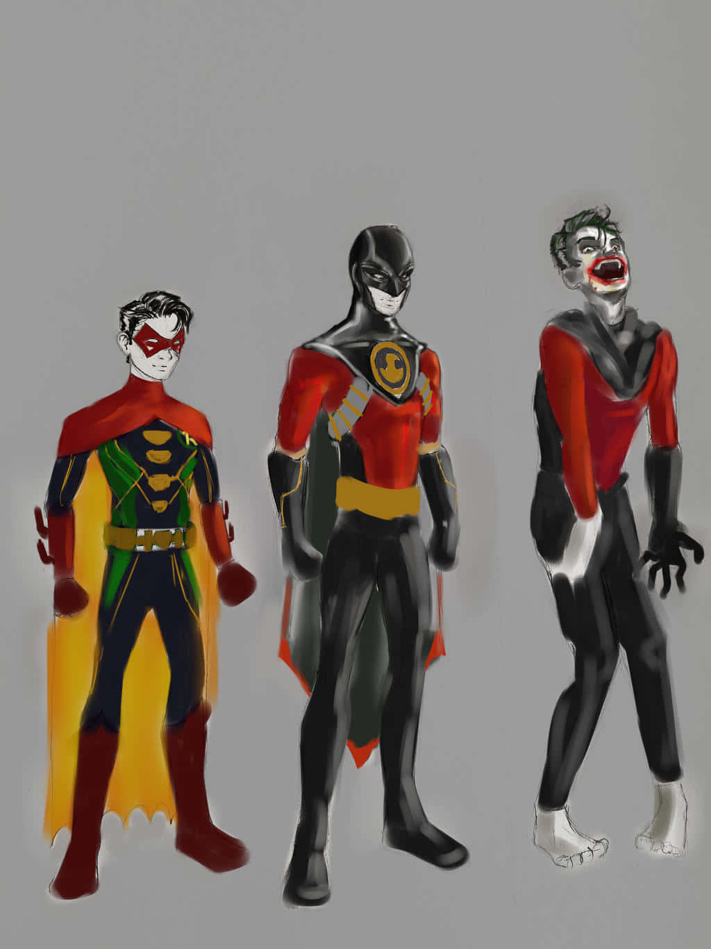 Tim Drake 桌布 壁紙 — 三個風格化的超級英雄角色，身穿紅、黑、黃色服裝，站在純灰色背景前。