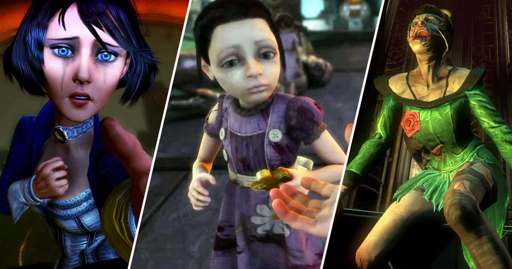 Bioshock Characters 桌布 壁紙 — 三個風格化的遊戲角色，表情豐富，服裝細節精緻，以三聯畫佈局呈現。