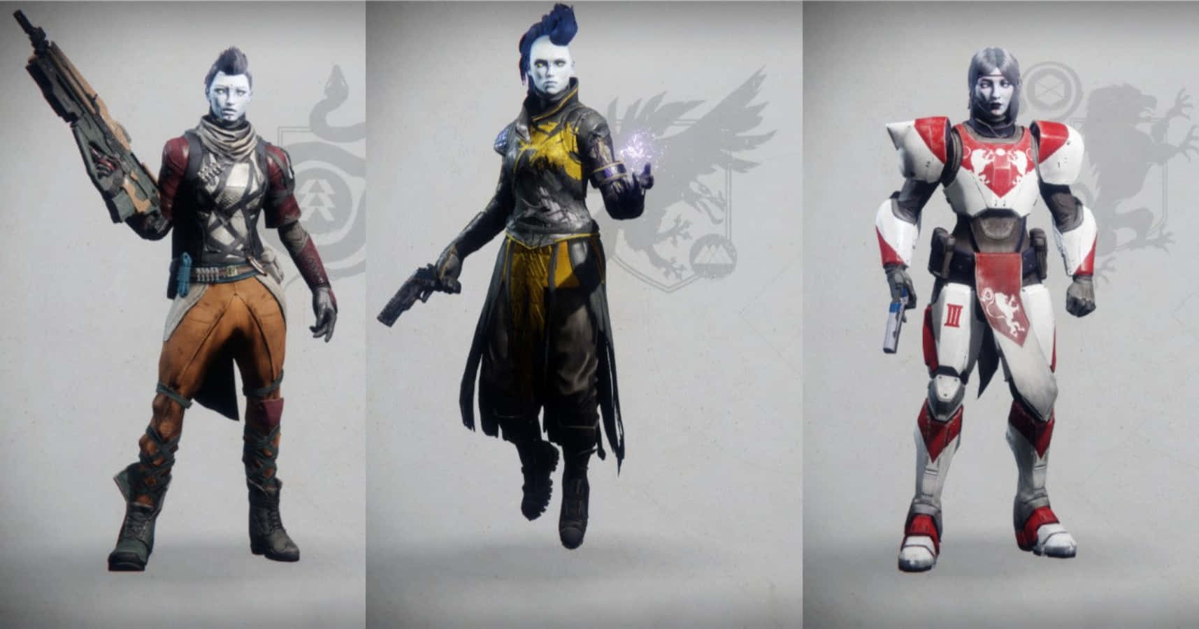 Destiny Characters 桌布 壁紙 — 三個風格化的電子遊戲角色穿著精細的盔甲，在純色背景前擺姿勢，各自手持獨特的武器。