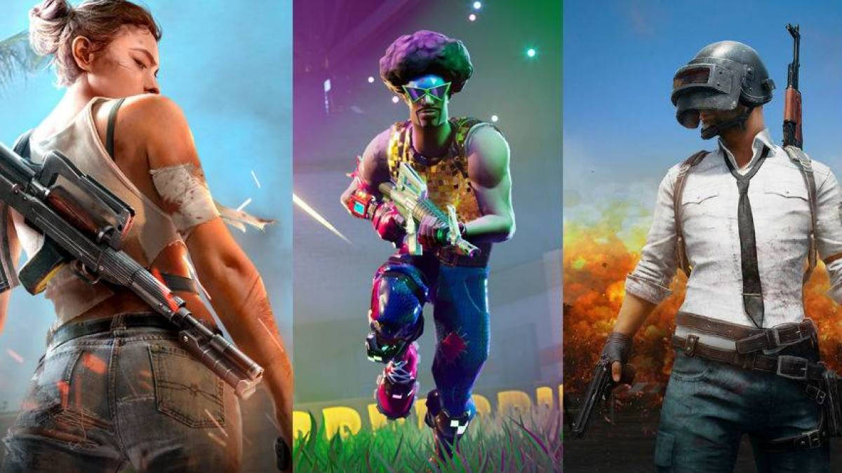 PUBG 桌布 壁紙 — 三個風格化的電子遊戲角色身穿戰鬥裝備，並排站在充滿活力的動作背景前。