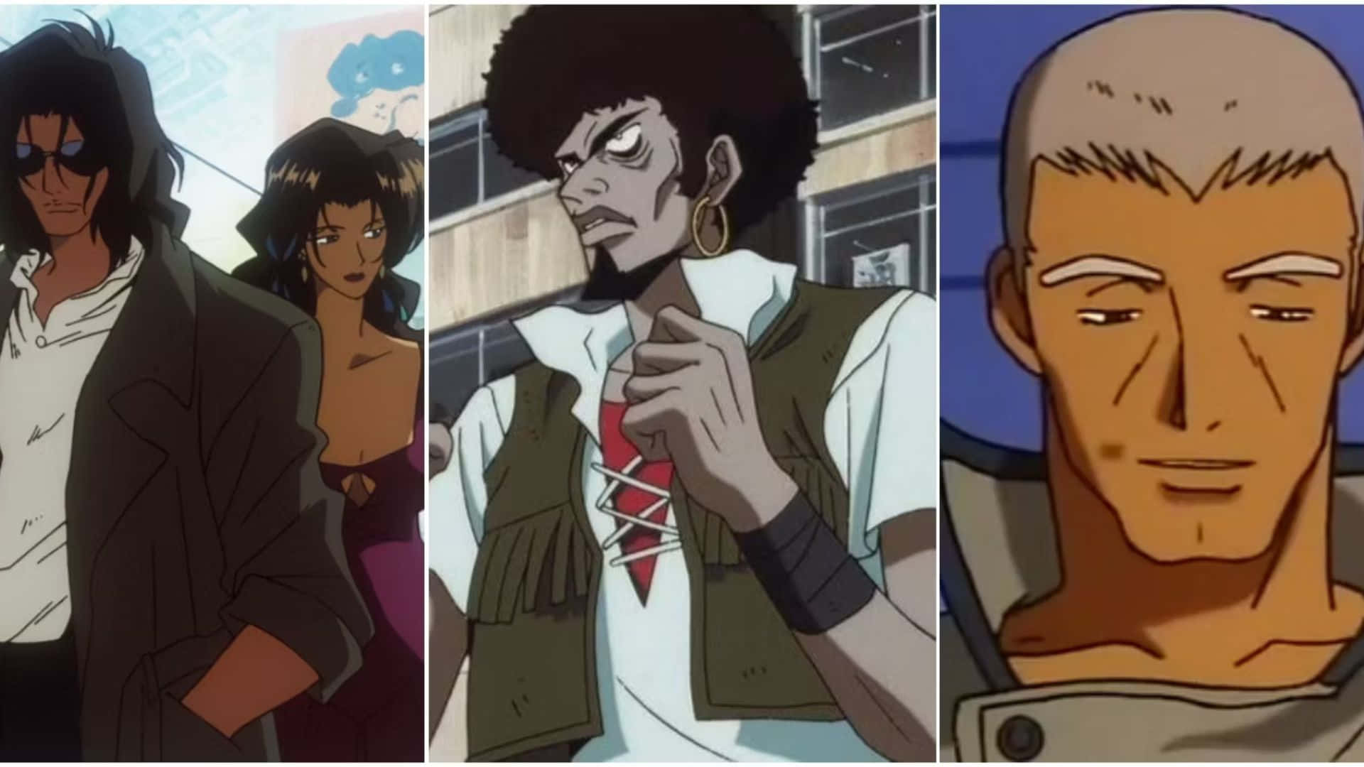 Cowboy Bebop Abdul Hakim 桌布 壁紙 — 三個風格各異的動漫角色站在城市環境中，具有大膽的線條和戲劇性的表情。