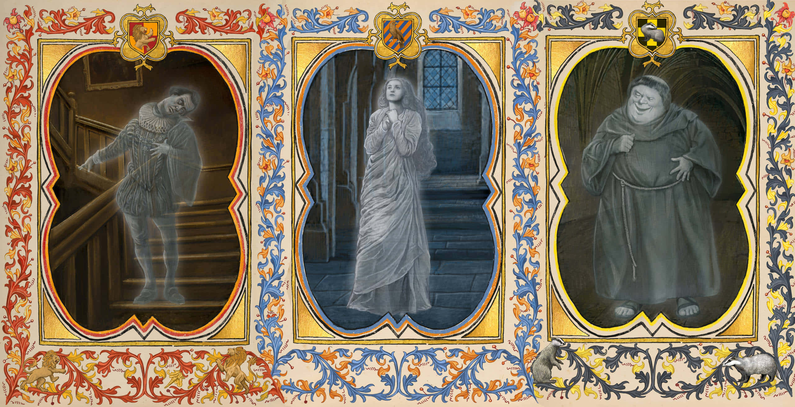The Hogwarts Ghosts 桌布 壁紙 — 三個鬼影人物在華麗畫框中出沒於哥德式室內，帶有複雜花卉邊框和紋章徽章。