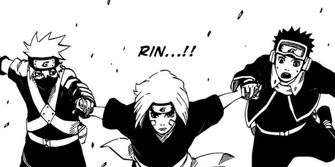 Kakashi And Rin 桌布 壁紙 — 三個黑白漫畫風格的動漫角色，帶著強烈的表情和周圍飛揚的碎片向前衝刺。