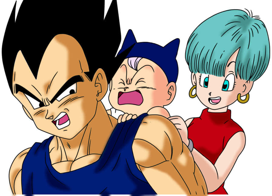 Vegeta's Family 桌布 壁紙 — 三個龍珠角色以強烈的表情和鮮豔的色彩一起擺姿勢。