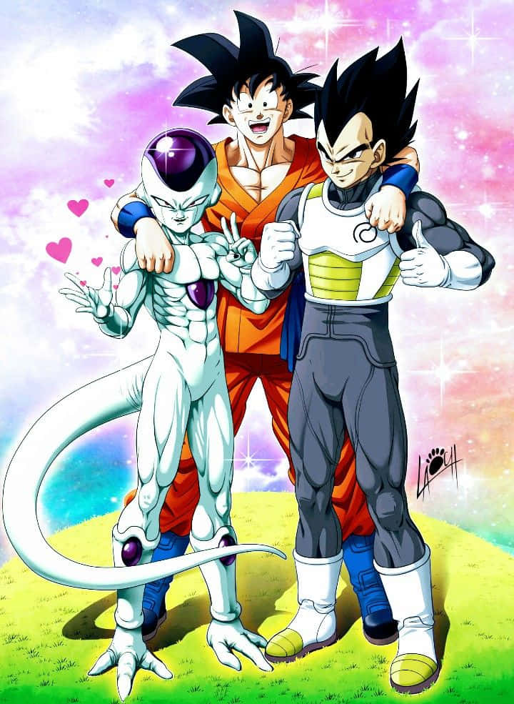 Vegeta And Frieza 桌布 壁紙 — 三個龍珠角色在閃爍的粉彩天空下，草地上愉快地擺姿勢，天空中有飄浮的心形。