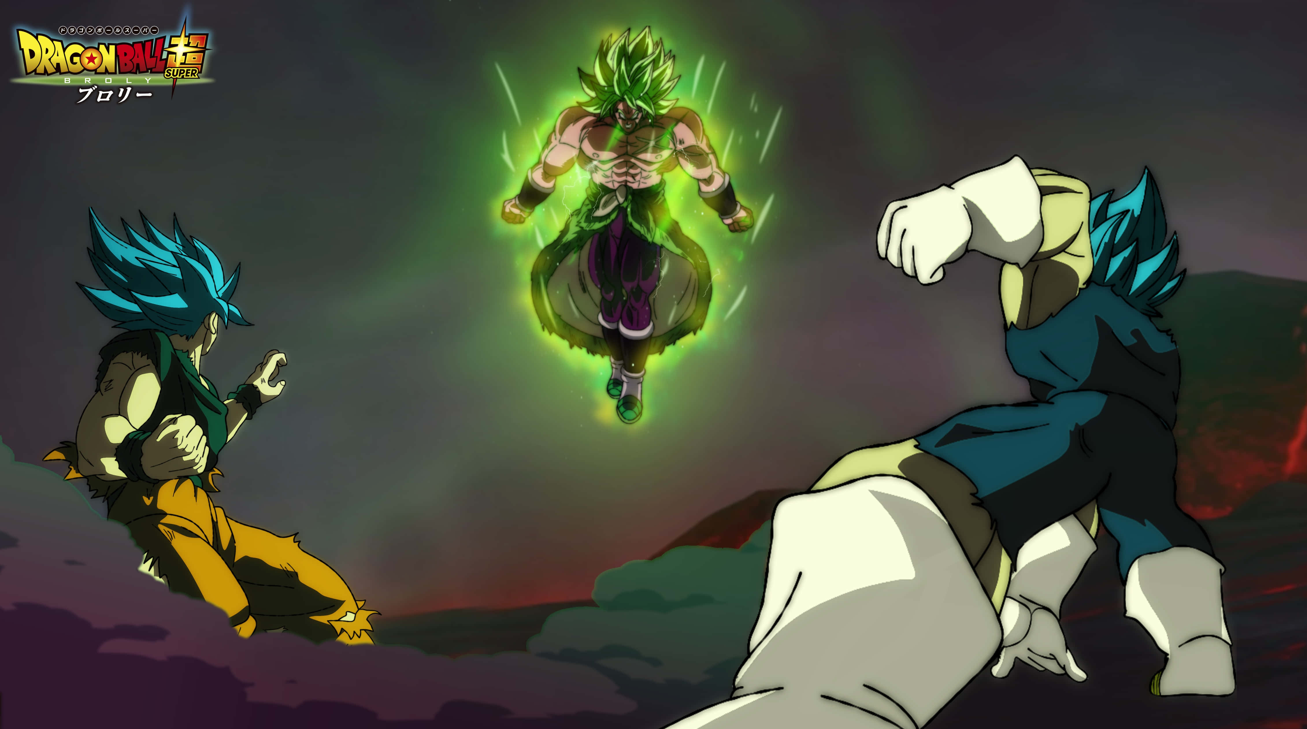 Vegeta And Broly 桌布 壁紙 — 三個龍珠角色在黑暗的天空中戰鬥，中央角色被發光的綠色能量包圍。