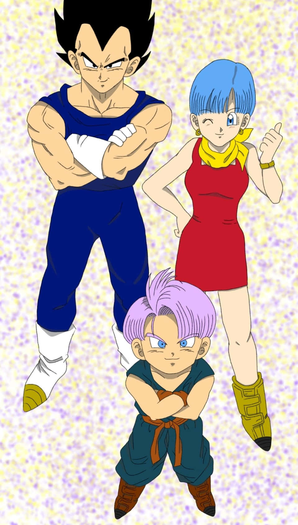 Vegeta's Family 桌布 壁紙 — 三個龍珠角色自信地站在帶有粗獷動漫線條和鮮豔色彩的斑點背景前。