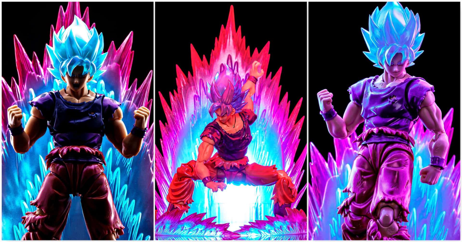 Goku Kaioken 桌布 壁紙 — 三個龍珠超級賽亞人藍色人偶在黑色背景上以電光粉紅和藍色能量爆發為背景動態擺姿勢。