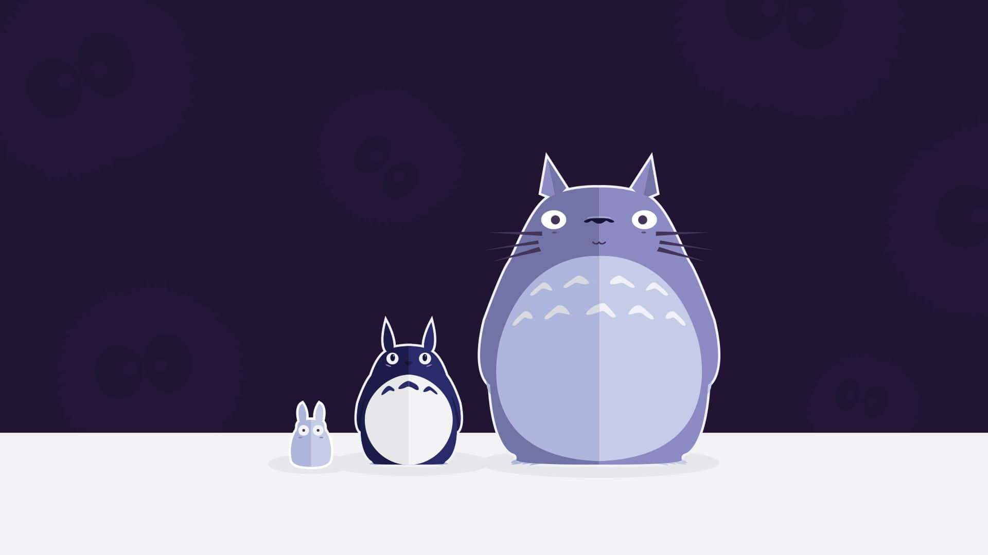 my neighbor totoro 桌布 壁紙 — 三個龍貓角色排成一排，背景為深紫色，有漂浮的精靈。