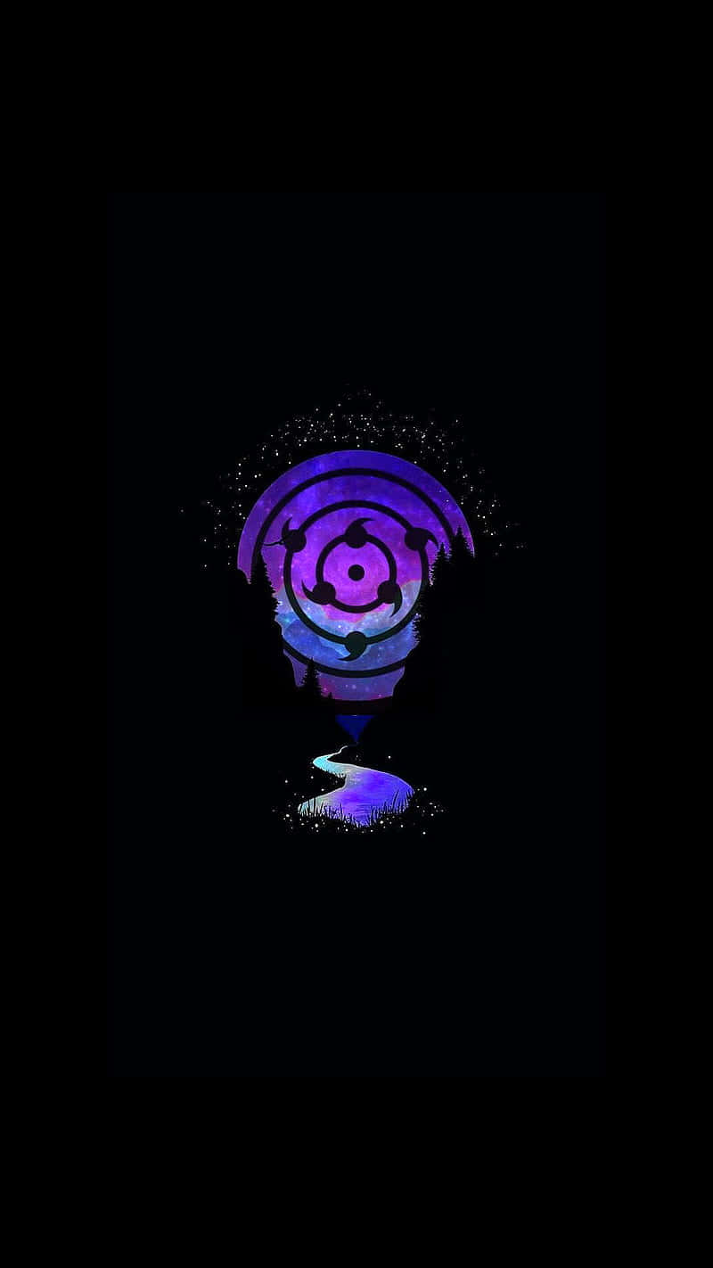 紫色輪迴眼符號在黑色背景上散發宇宙能量。