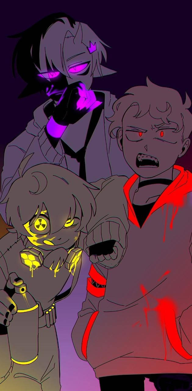 三個動漫角色，眼睛發光，色調陰暗，威脅地站著。