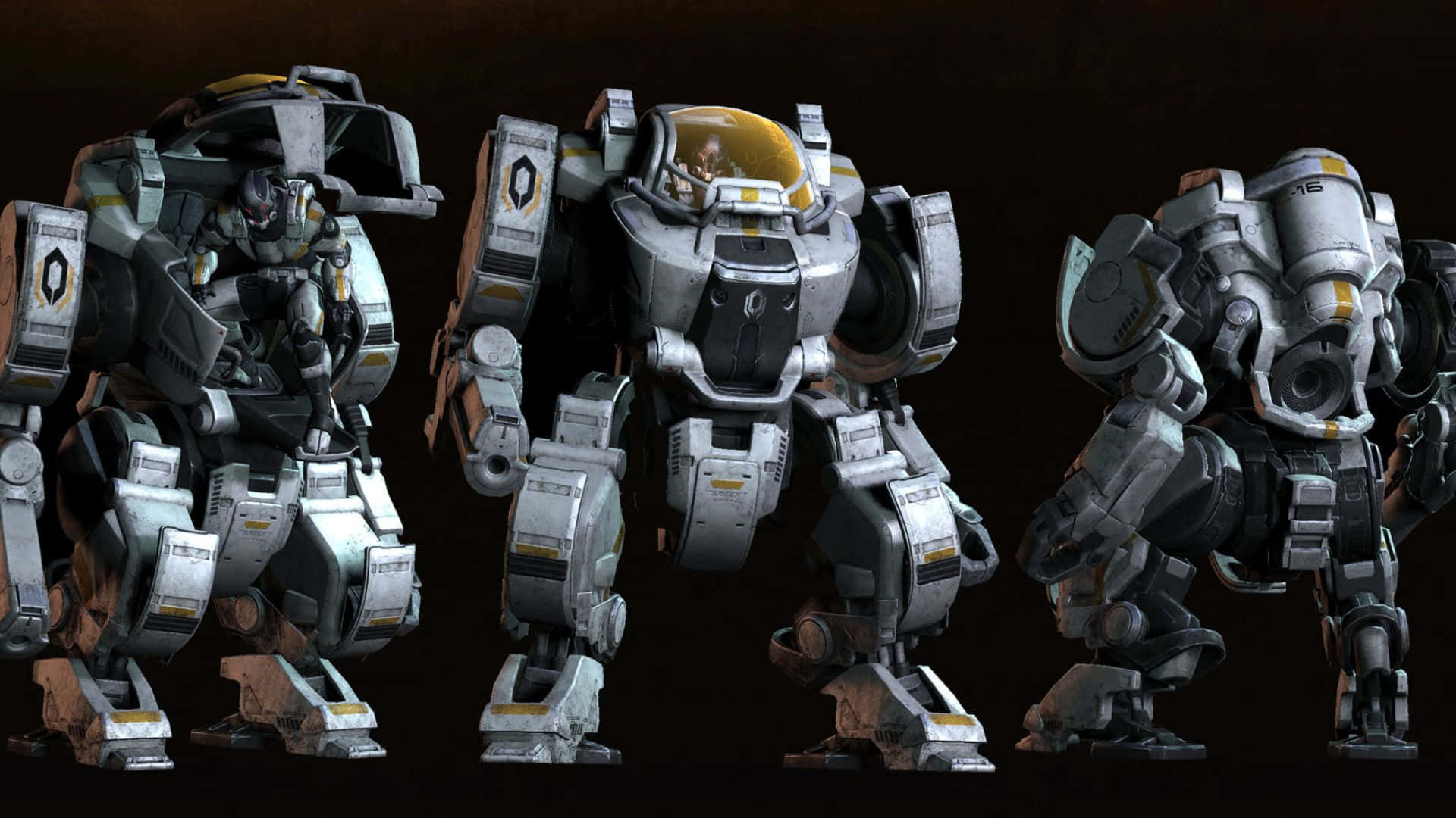 Mass Effect Cerberus 桌布 壁紙 — 三台令人印象深刻嘅未來風格裝甲機甲並排企喺深色背景前，展示細緻嘅機械設計。
