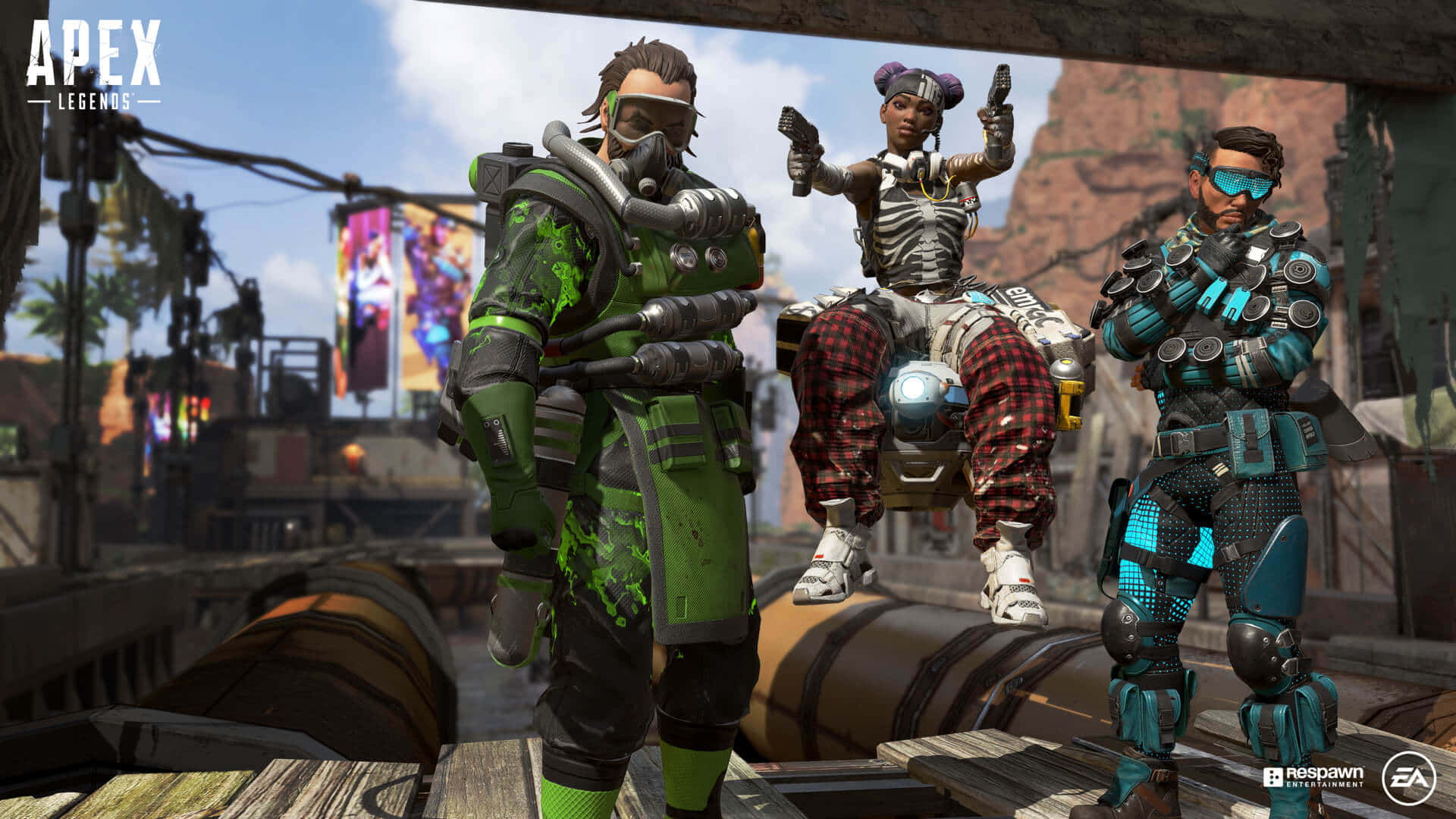 Lifeline - Apex Legends 壁紙 — 三名《Apex Legends》角色身穿精細的未來風格裝備，站在陽光普照的工業環境中的木製平台上。