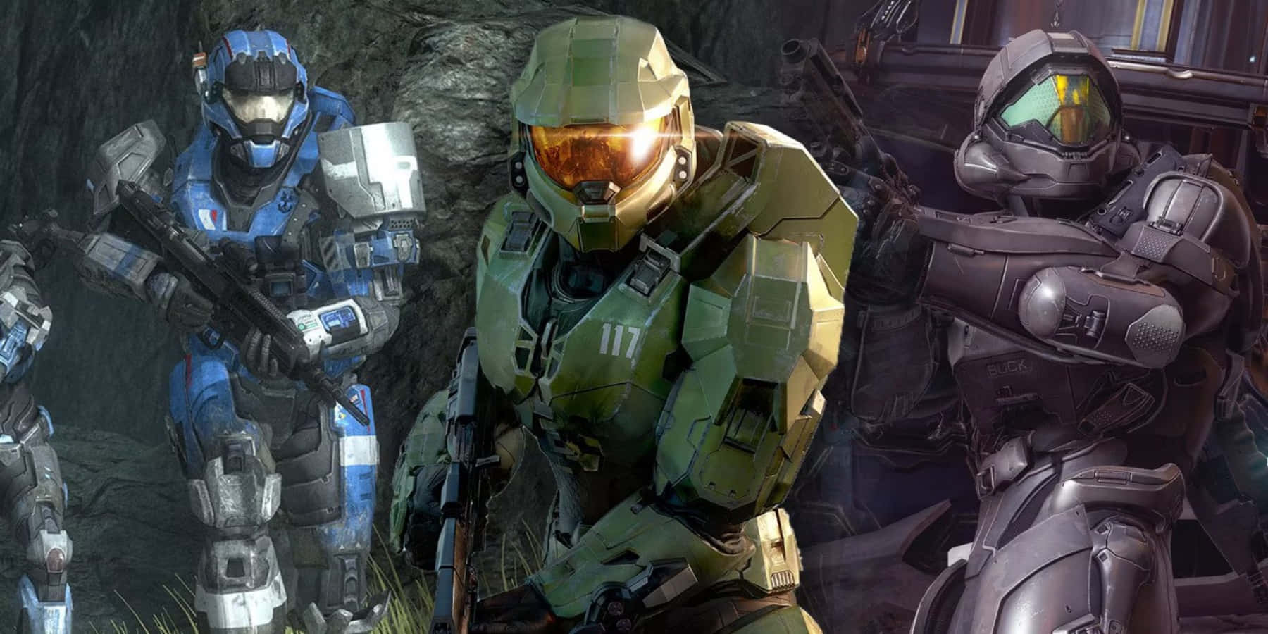 Halo Spartans 桌布 壁紙 — 三名來自Halo的裝甲士兵站在岩石地形中，戴著發光的護目鏡並拔出武器。