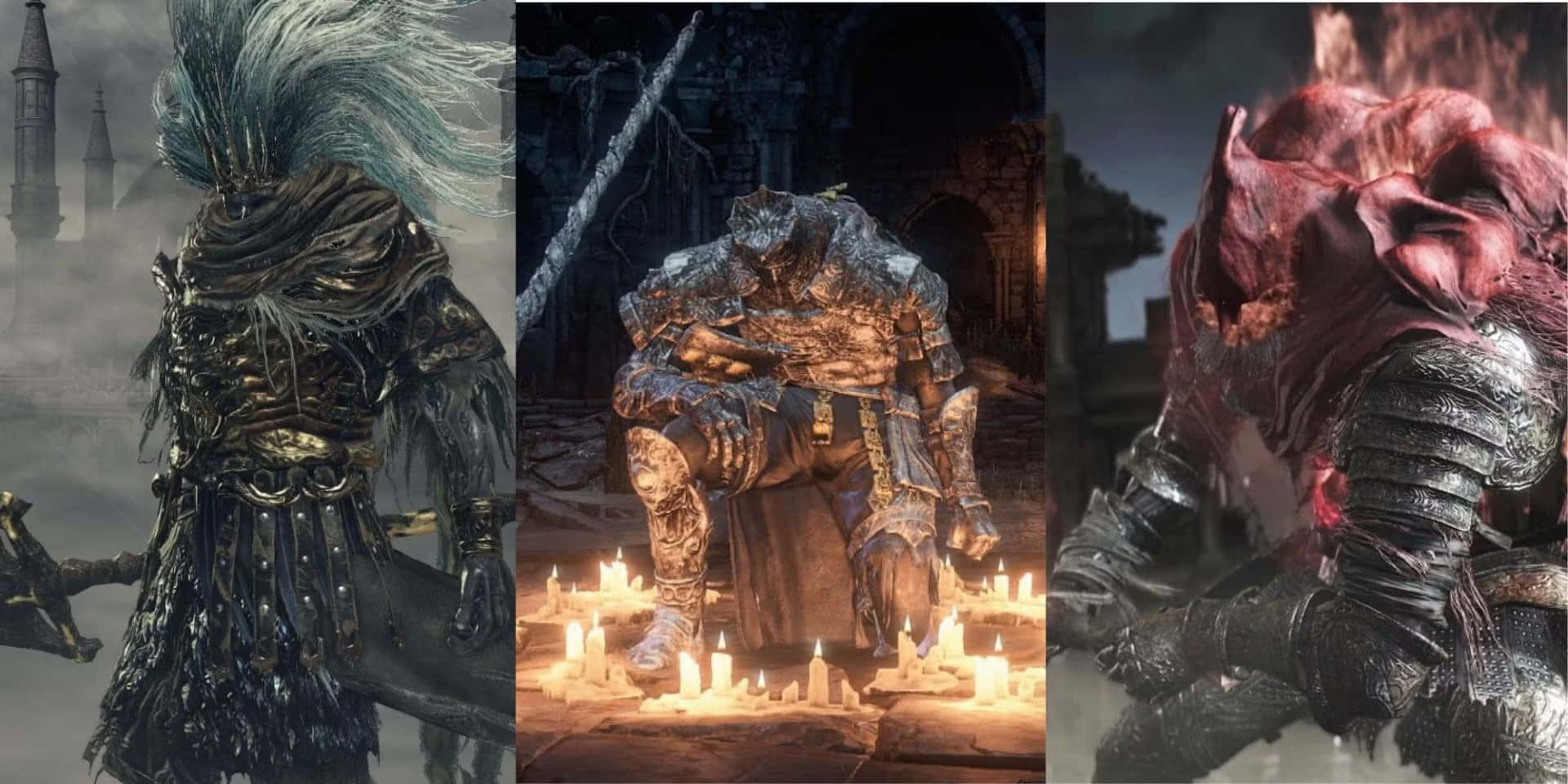 Dark Souls Bosses 桌布 壁紙 — 三名來自黑暗奇幻遊戲的裝甲戰士站在詭異的燭光廢墟中，伴隨著暴風雨的天空和哥德式建築。