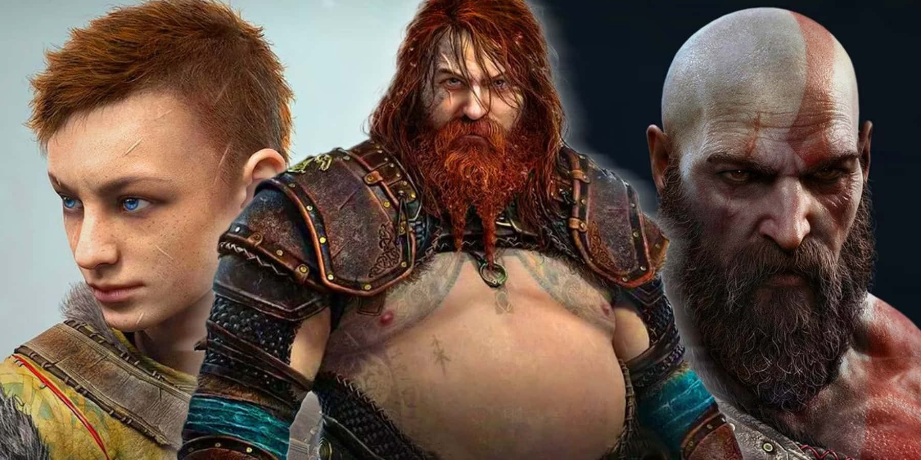 God Of War Characters 桌布 壁紙 — 三名兇猛的電子遊戲戰士，身穿細節豐富的盔甲，表情強烈，在柔和的背景前直視前方。