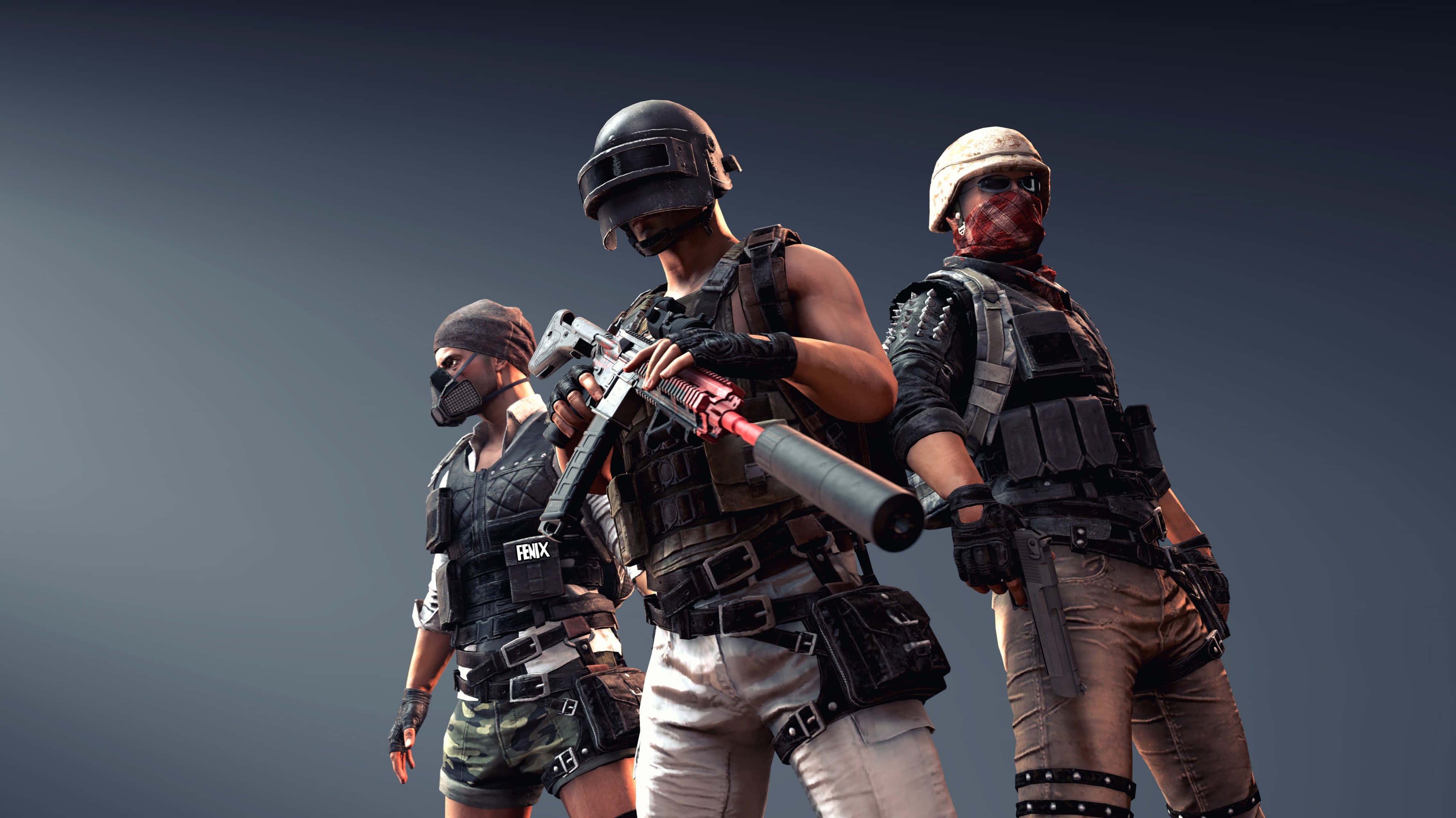 PUBG 桌布 壁紙 — 三名全副武裝的士兵身穿戰術裝備，在深色漸變背景前準備就緒。