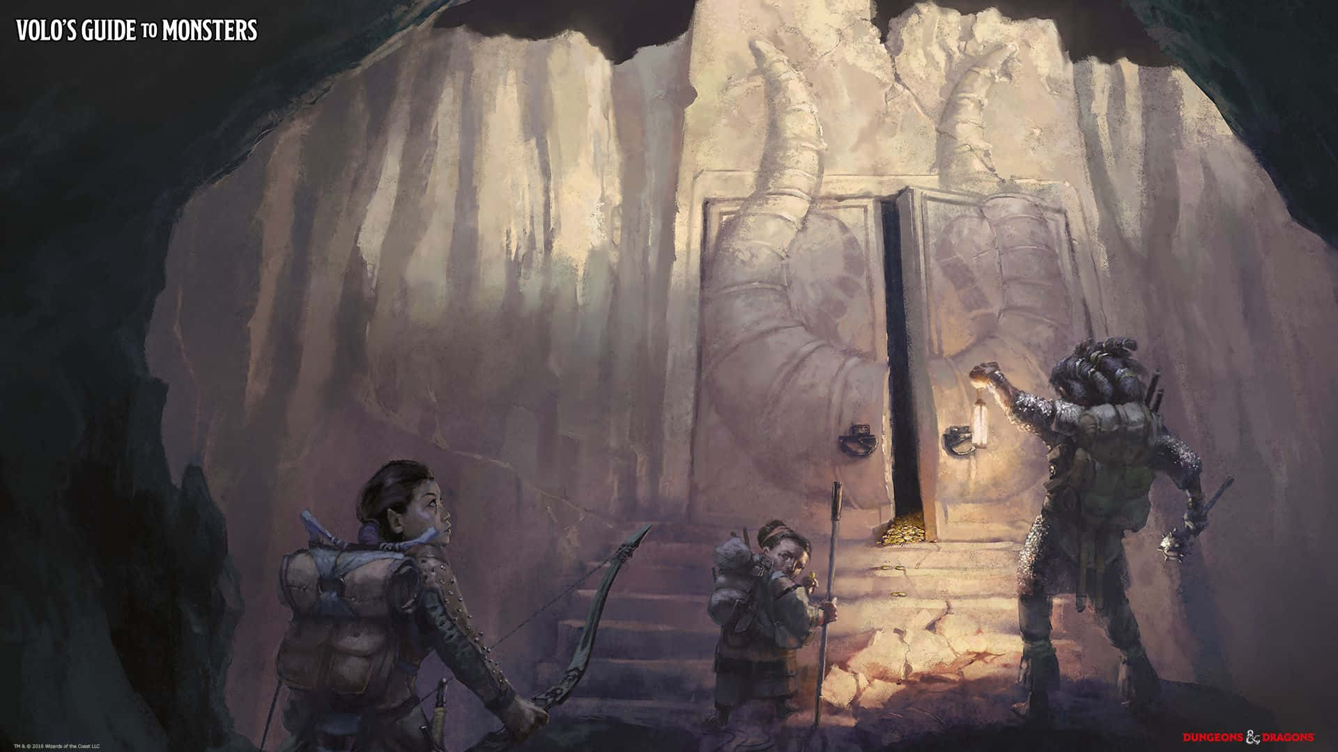 Dungeons And Dragons 桌布 壁紙 — 三名冒險者小心翼翼地接近一個洞穴般的地牢中，由火炬照亮的大型石門。