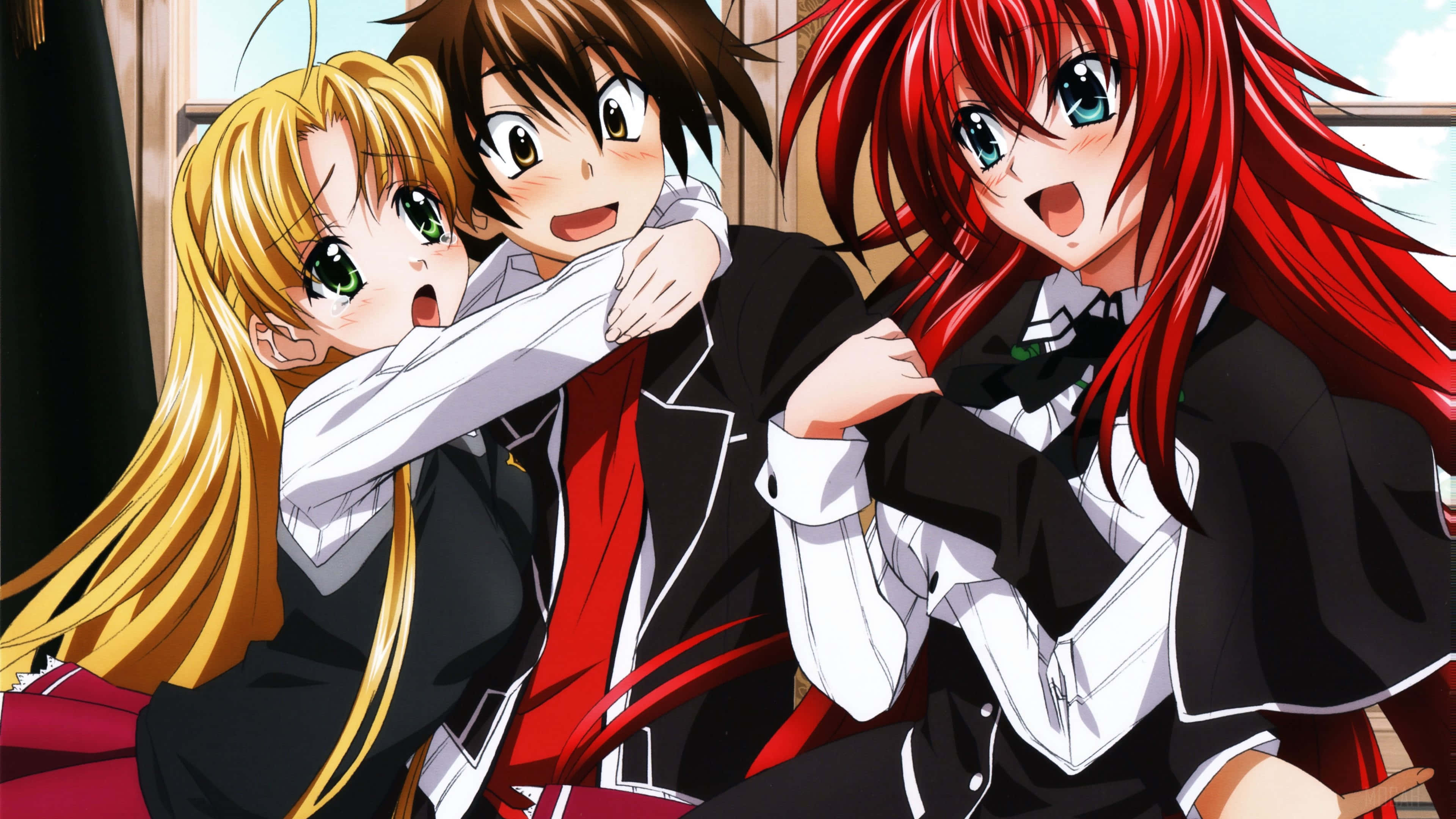 Rias Gremory 桌布 壁紙 — 三名動漫學生穿著校服，睜大眼睛頑皮地拉著一個男孩的領帶。