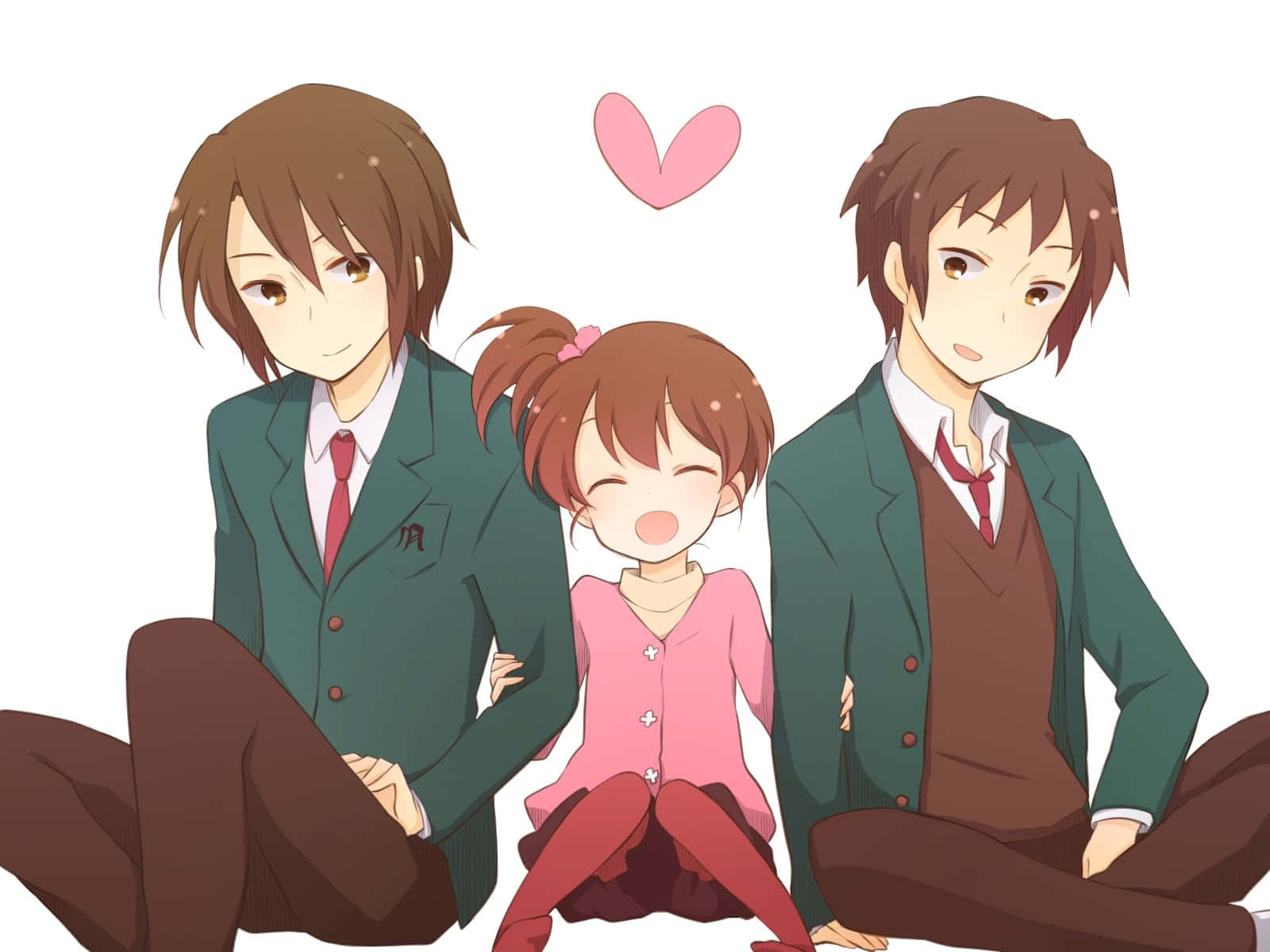 Itsuki Koizumi 桌布 壁紙 — 三名動漫學生穿著校服坐在一起，上方有一個粉紅色的心形，傳達青春的友誼和溫暖。