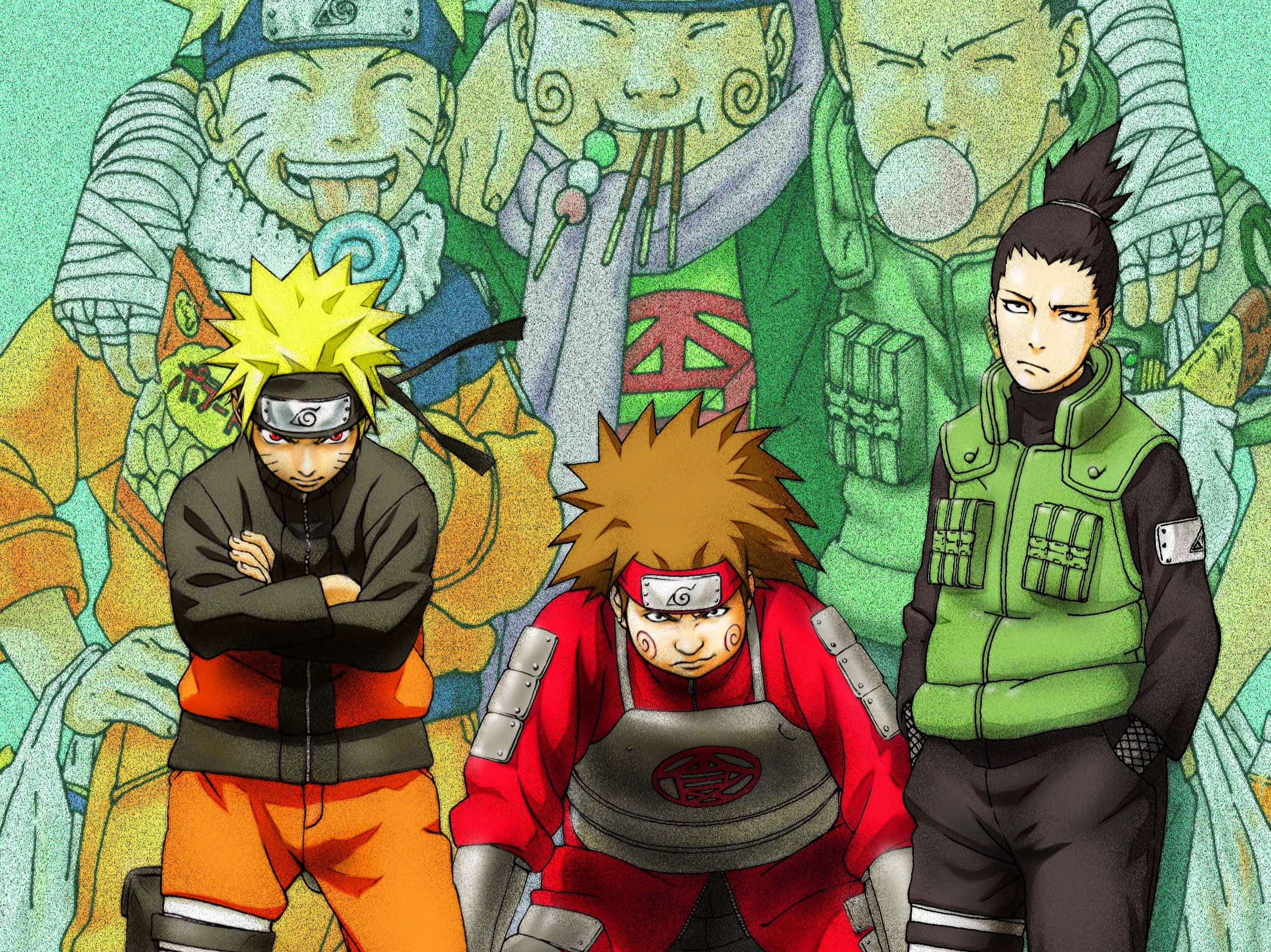Shikamaru Nara 桌布 壁紙 — 三名堅定的忍者站在前方中央，背後是他們過去自我的生動拼貼畫。