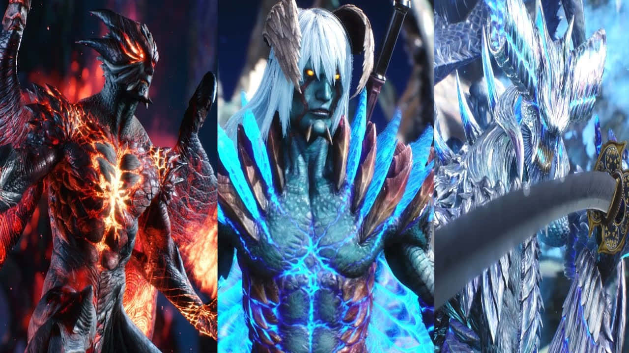 Devil May Cry Characters 桌布 壁紙 — 三名惡魔戰士身穿發光的紅色、藍色和銀色盔甲，站立在火焰、冰霜和陰影領域中。